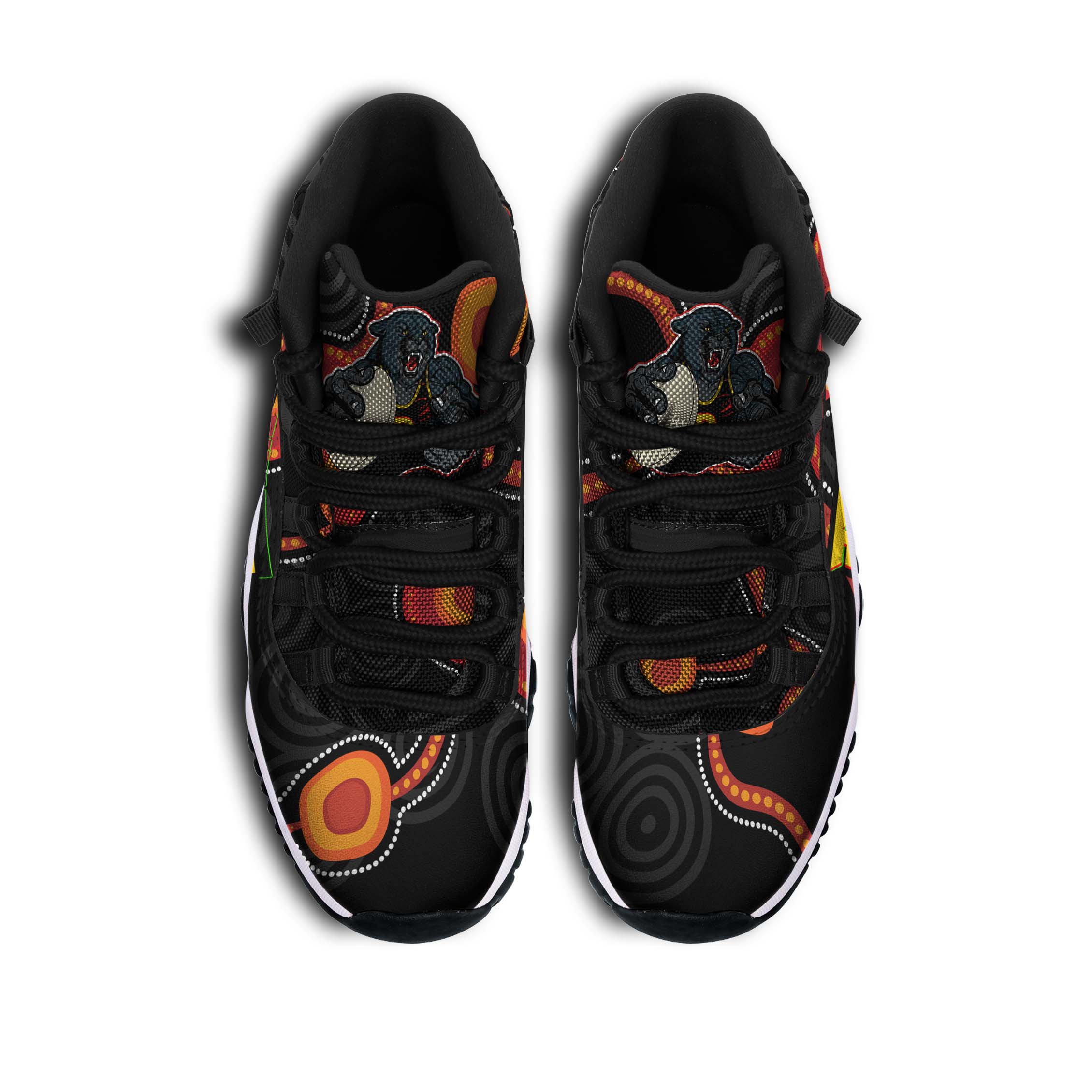 panthers-rugby-high-top-basketball-shoes-j11-panthers-aboriginal-with-rugby-ball-indigenous-style-of-dot-painting-traditional-sneakers-j11