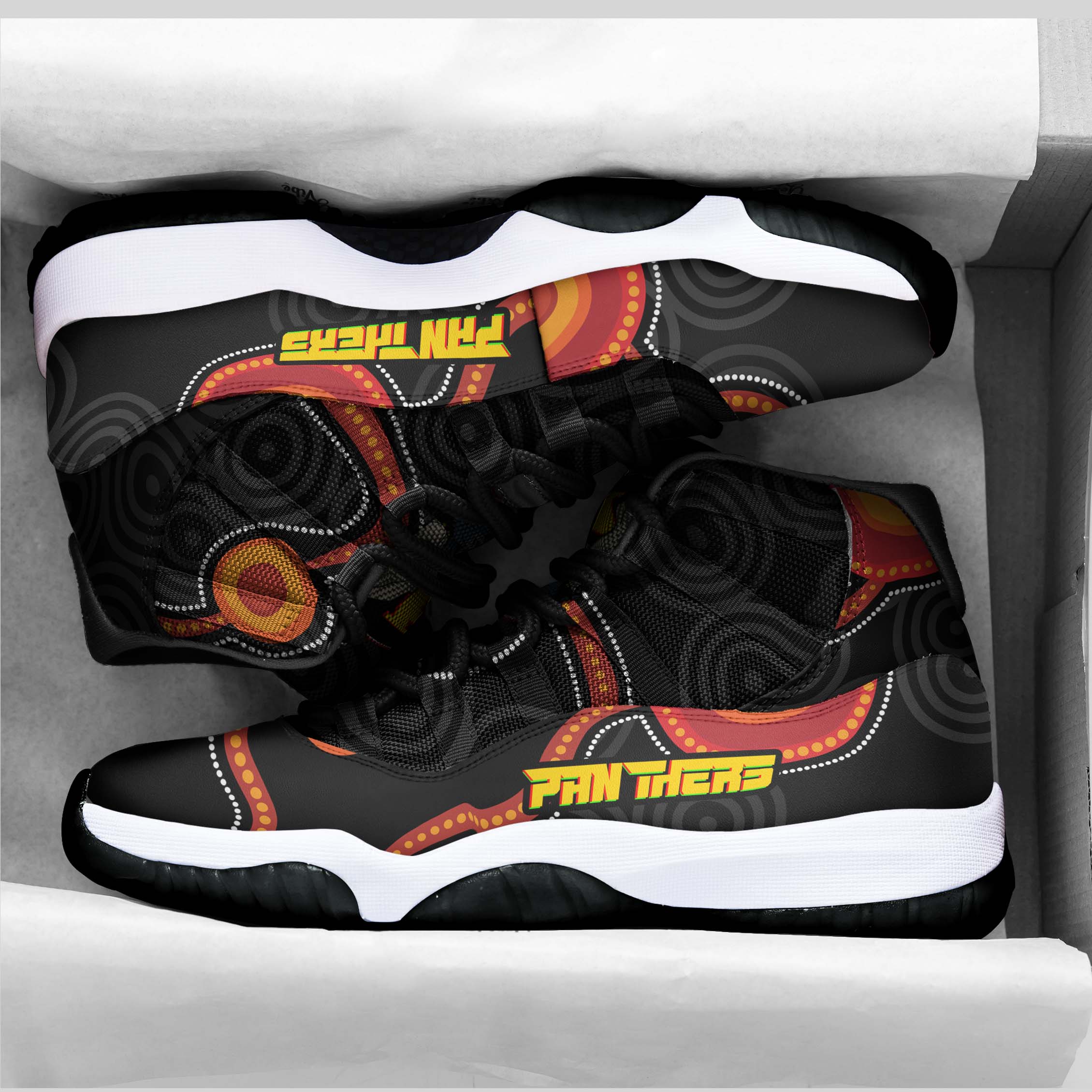 panthers-rugby-high-top-basketball-shoes-j11-panthers-aboriginal-with-rugby-ball-indigenous-style-of-dot-painting-traditional-sneakers-j11