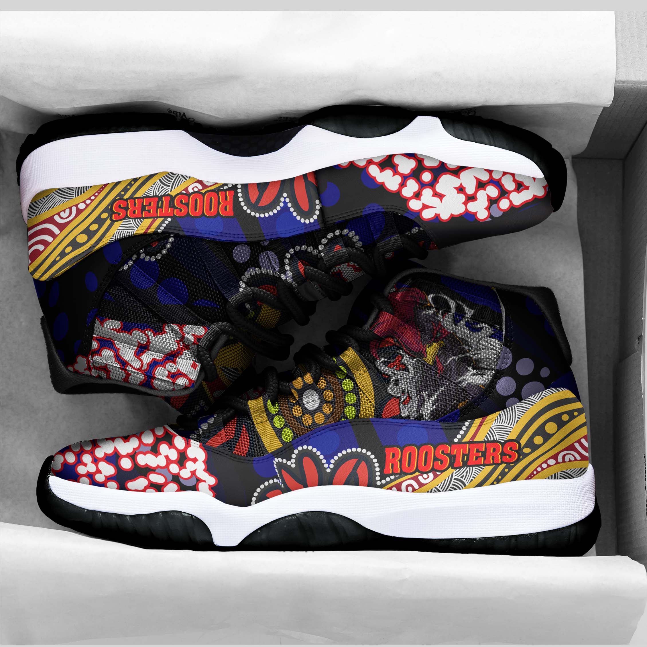 rooster-rugby-high-top-basketball-shoes-j11-angry-rooster-rugby-with-aboriginal-indigenous-dot-painting-style-sneakers-j11