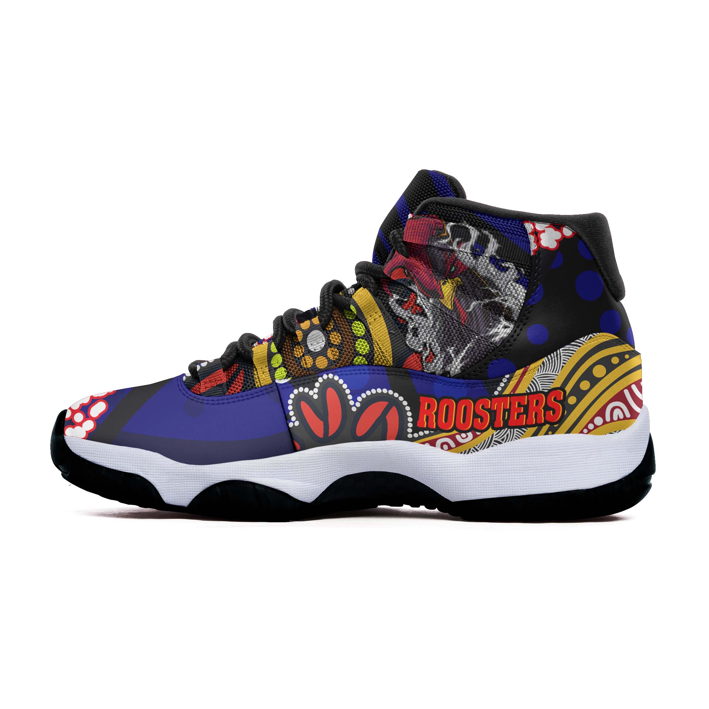 rooster-rugby-high-top-basketball-shoes-j11-angry-rooster-rugby-with-aboriginal-indigenous-dot-painting-style-sneakers-j11