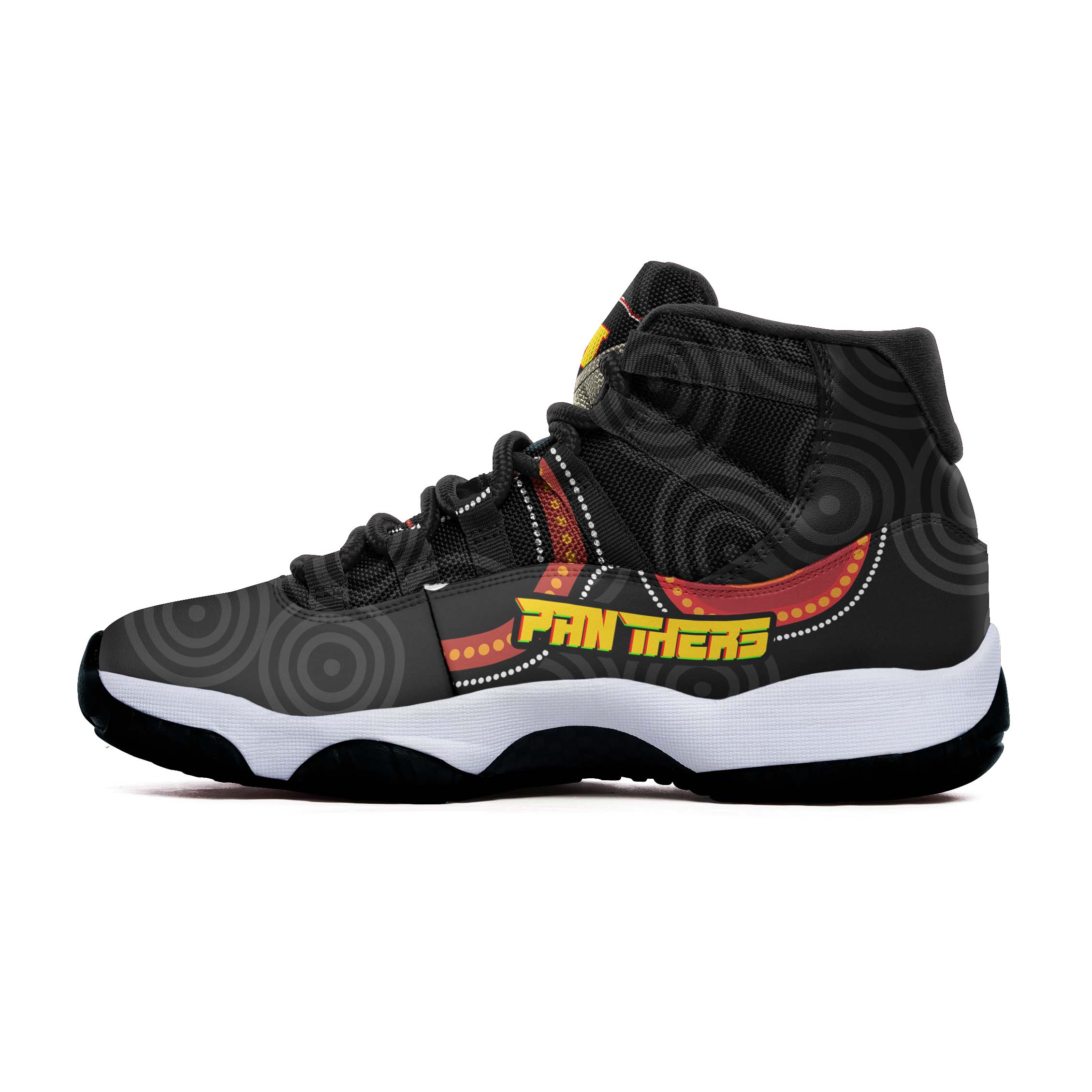 panthers-rugby-high-top-basketball-shoes-j11-panthers-aboriginal-with-rugby-ball-indigenous-style-of-dot-painting-traditional-sneakers-j11