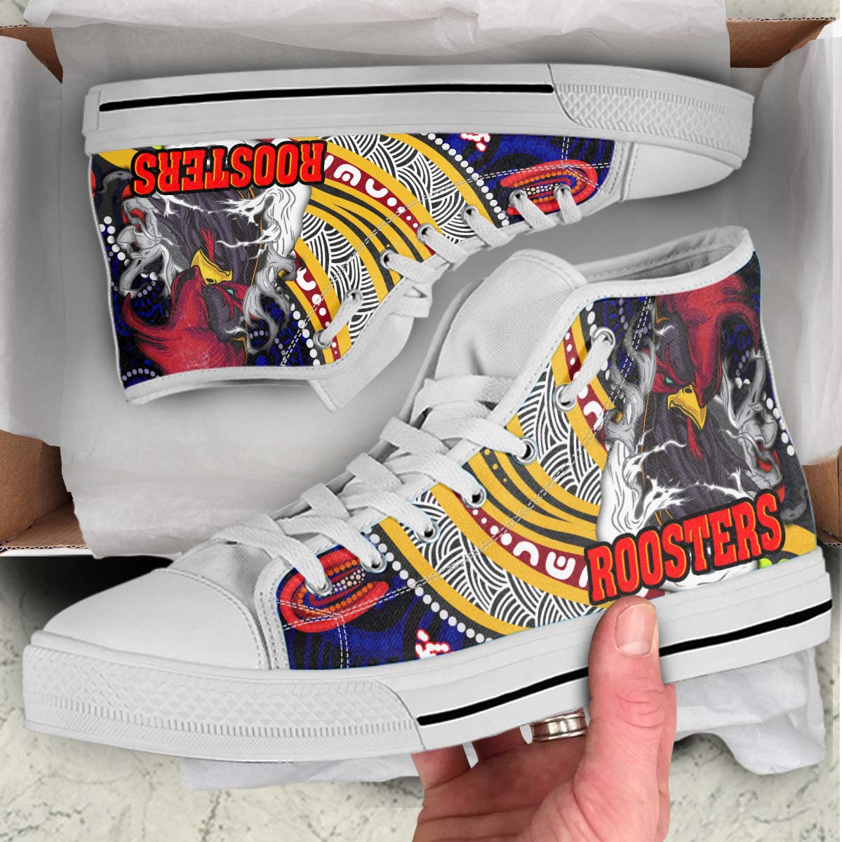 rooster-rugby-high-top-shoes-angry-rooster-rugby-with-aboriginal-indigenous-dot-painting-style