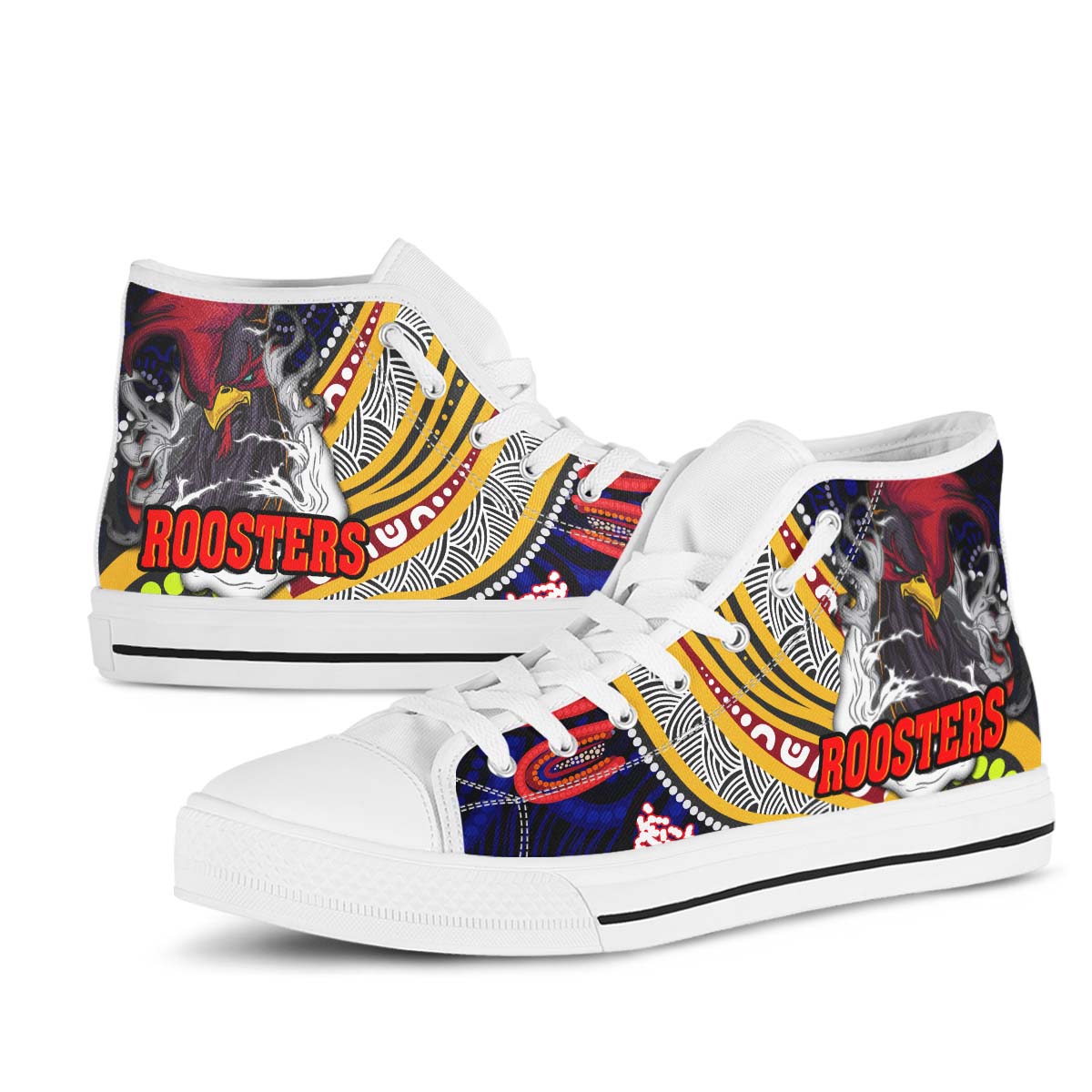 rooster-rugby-high-top-shoes-angry-rooster-rugby-with-aboriginal-indigenous-dot-painting-style