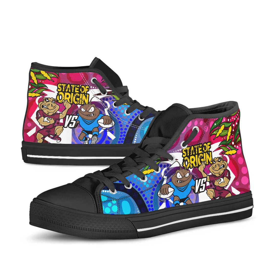 state-of-origin-rugby-league-high-top-shoes-nsw-vs-qld-rugby-team-mascot-with-aboriginal-culture