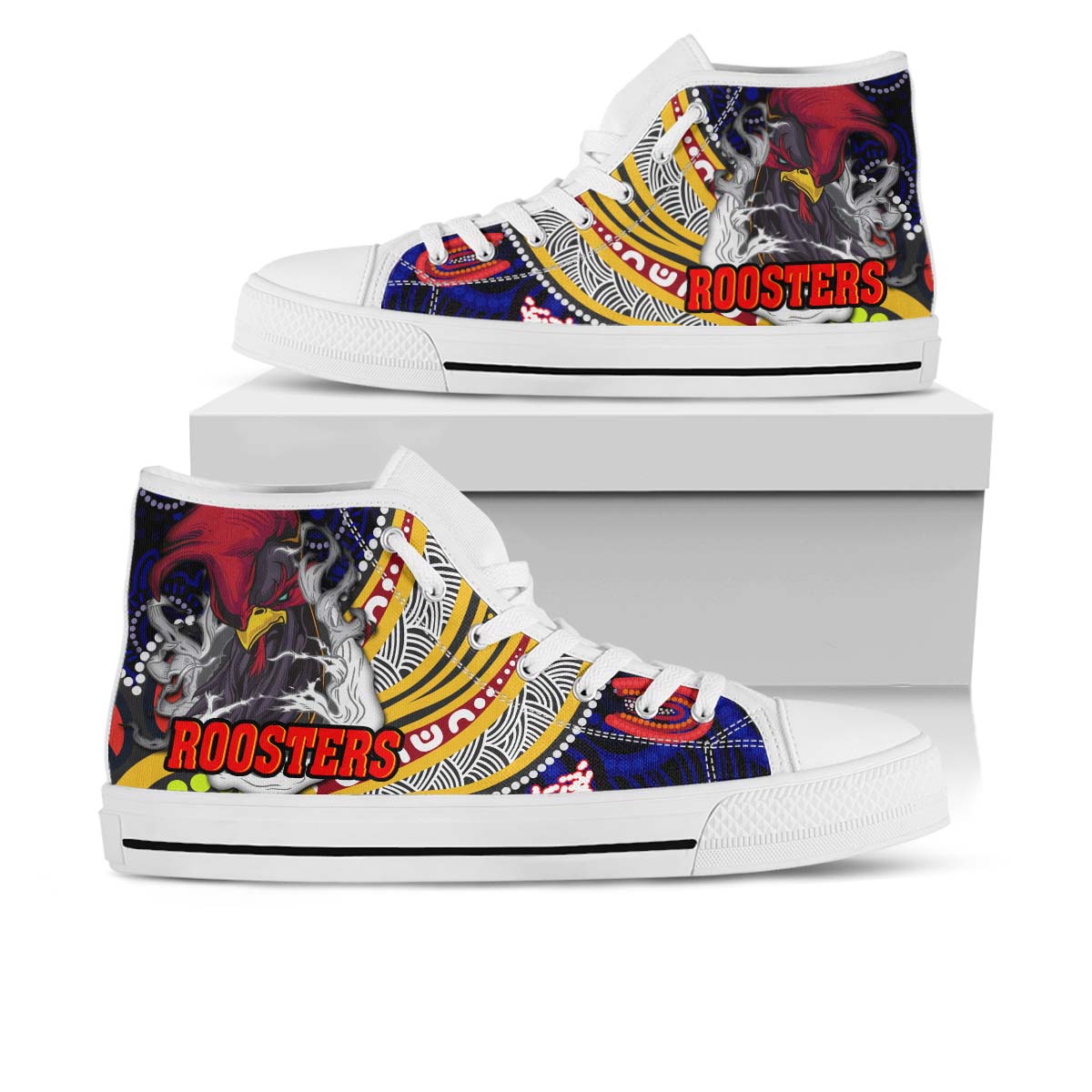 rooster-rugby-high-top-shoes-angry-rooster-rugby-with-aboriginal-indigenous-dot-painting-style