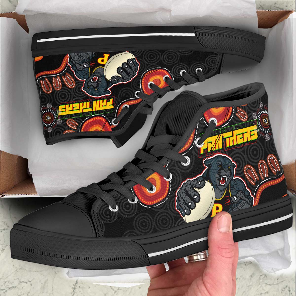panthers-rugby-high-top-shoes-panthers-aboriginal-with-rugby-ball-indigenous-style-of-dot-painting-traditional