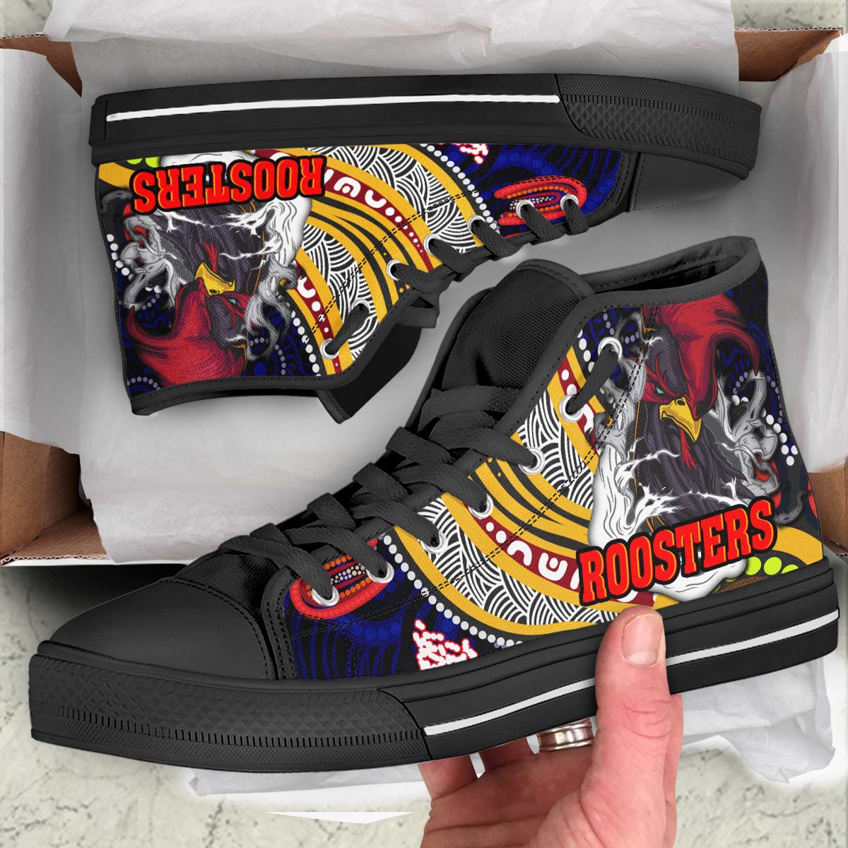 rooster-rugby-high-top-shoes-angry-rooster-rugby-with-aboriginal-indigenous-dot-painting-style