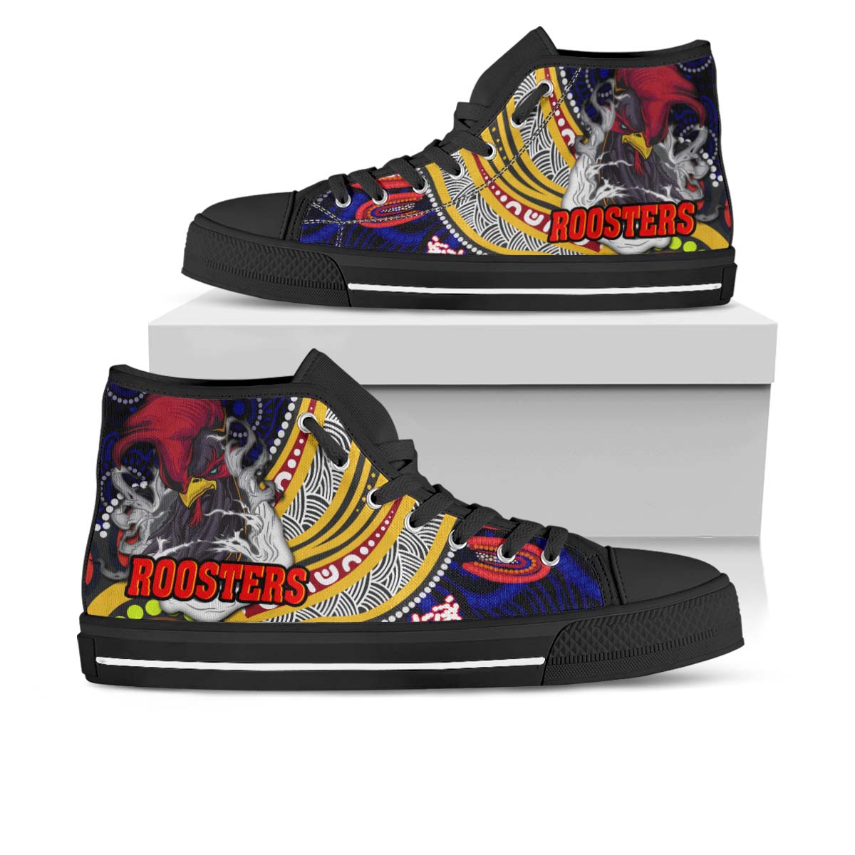 rooster-rugby-high-top-shoes-angry-rooster-rugby-with-aboriginal-indigenous-dot-painting-style