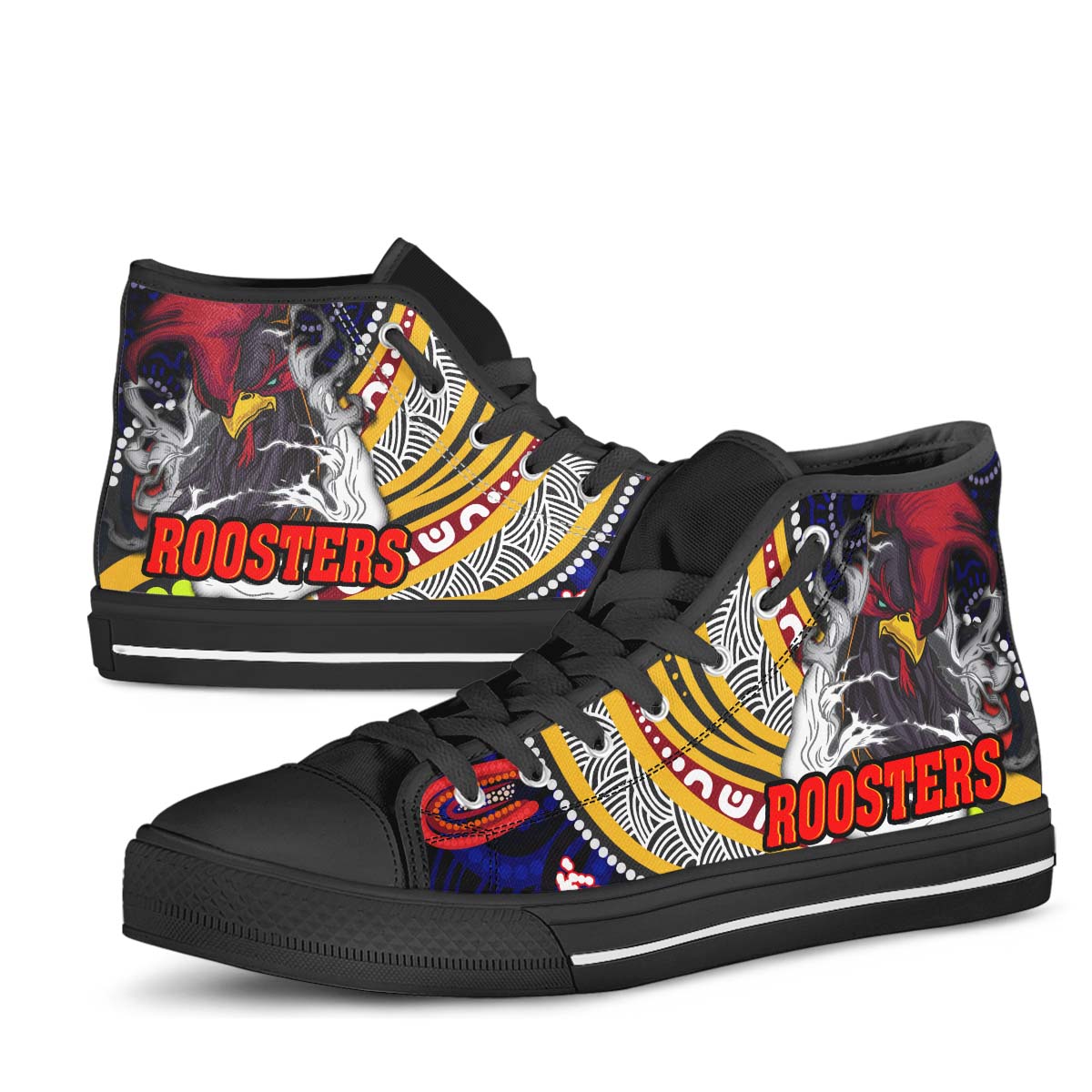 rooster-rugby-high-top-shoes-angry-rooster-rugby-with-aboriginal-indigenous-dot-painting-style