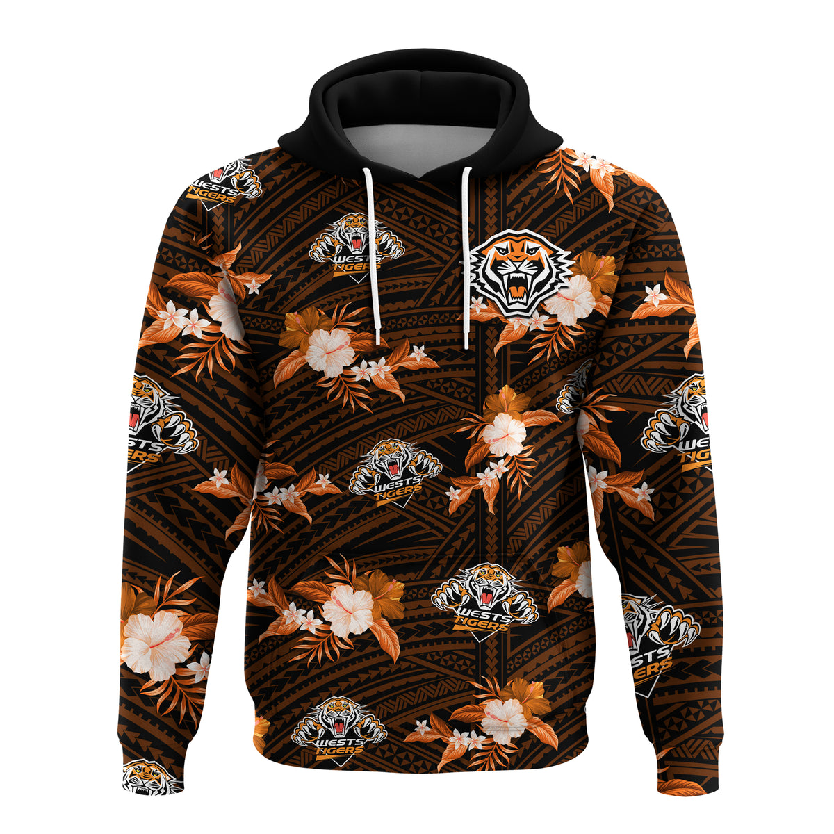 (Custom Text And Number) Wests Tigers Rugby Hoodie Polynesian Tribal Mix Tropical Hawaiian Style LT14