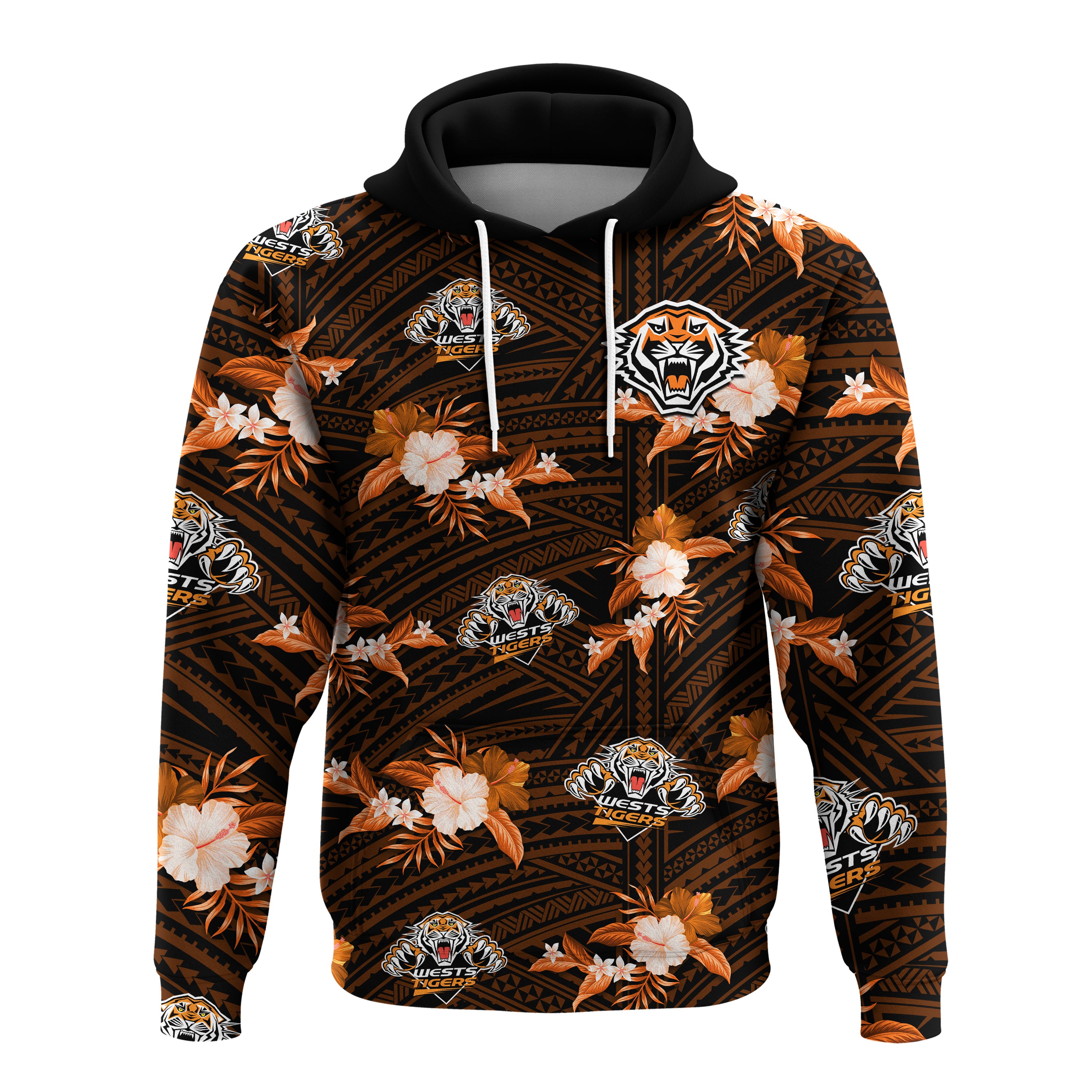 (Custom Text And Number) Wests Tigers Rugby Hoodie Polynesian Tribal Mix Tropical Hawaiian Style LT14