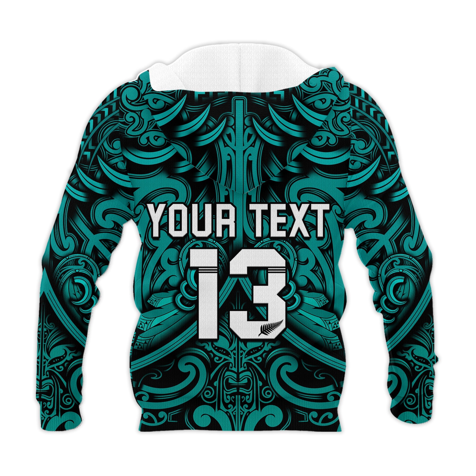 custom-text-and-number-new-zealand-silver-fern-rugby-hoodie-all-black-turquoise-nz-maori-pattern