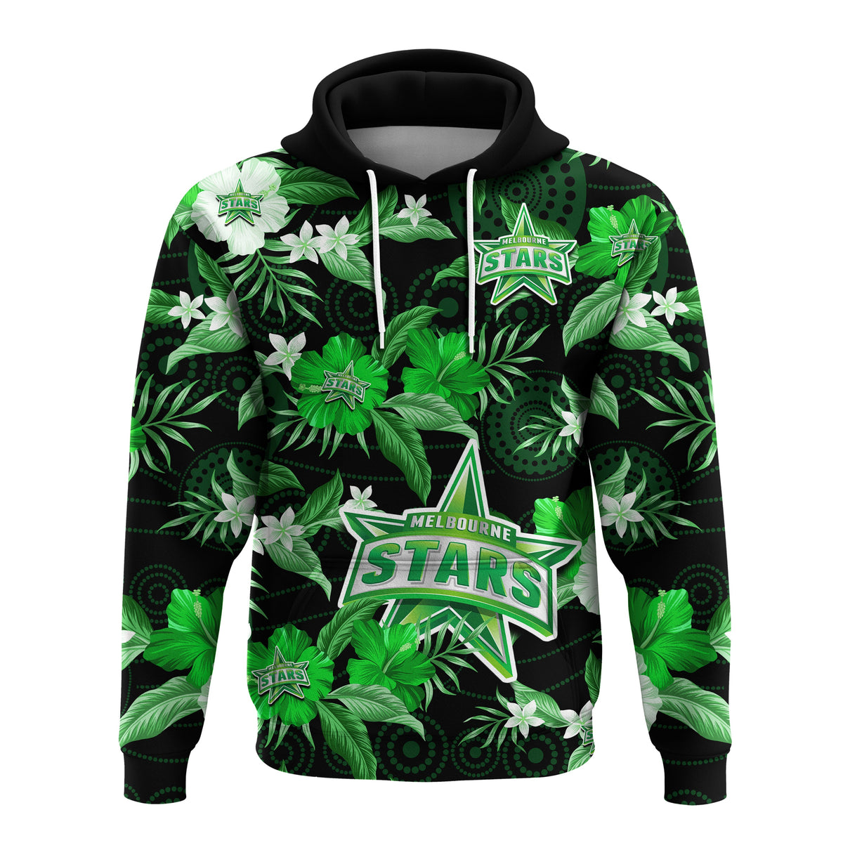 custom-text-and-number-melbourne-stars-cricket-hoodie-aboriginal-art-mix-tropical-flowers