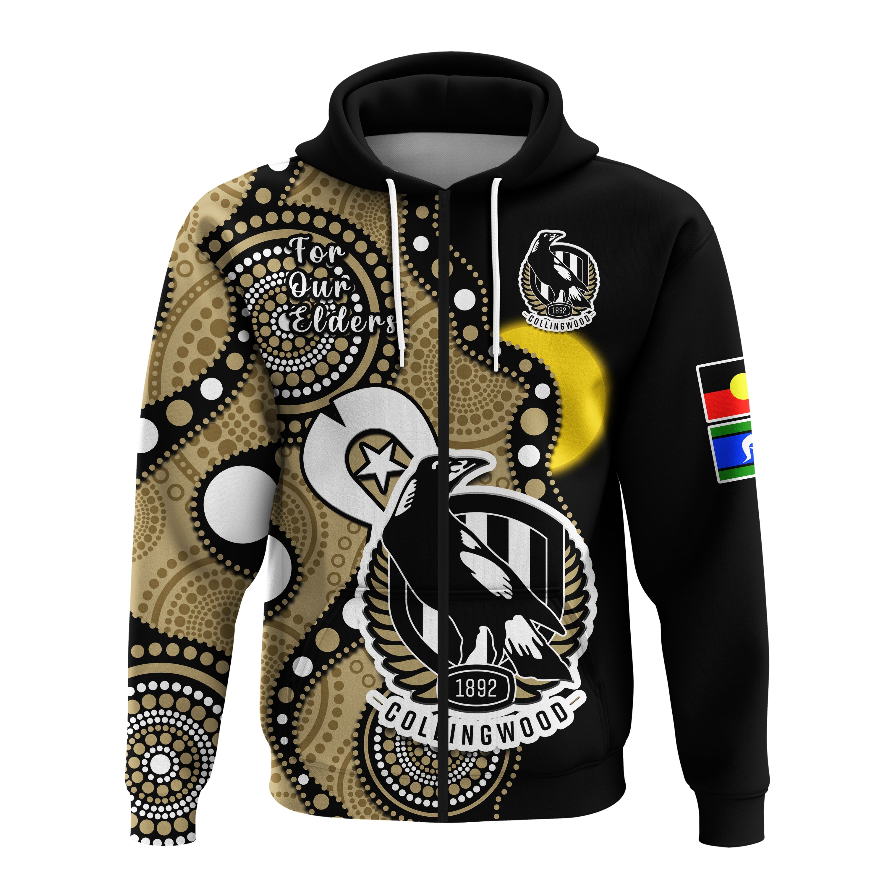 custom-text-and-number-collingwood-football-naidoc-2023-hoodie-magpies-for-our-elders-indigenous-art