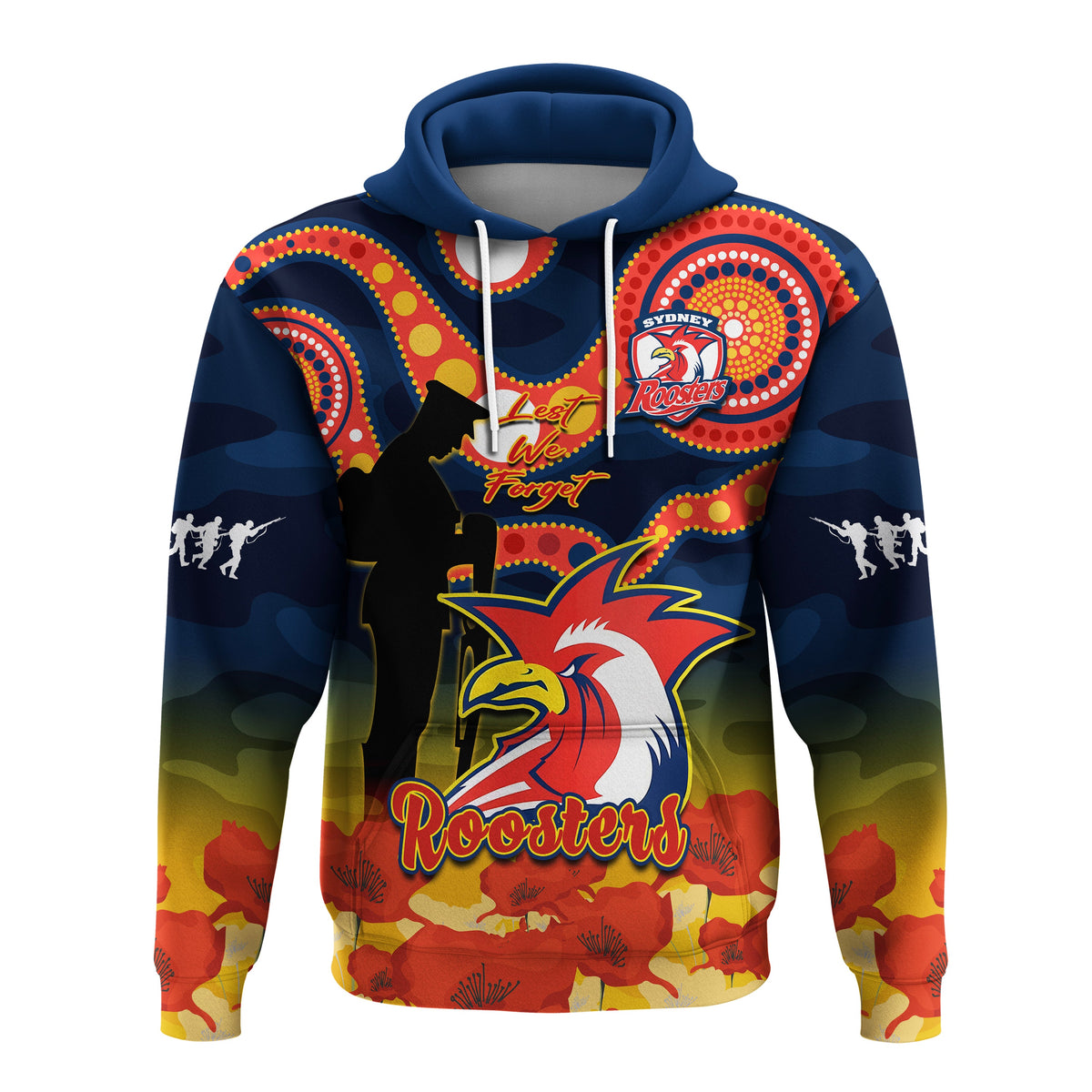 custom-text-and-number-roosters-rugby-anzac-2023-hoodie-dots-poppy-mix-camouflage-lest-we-forget