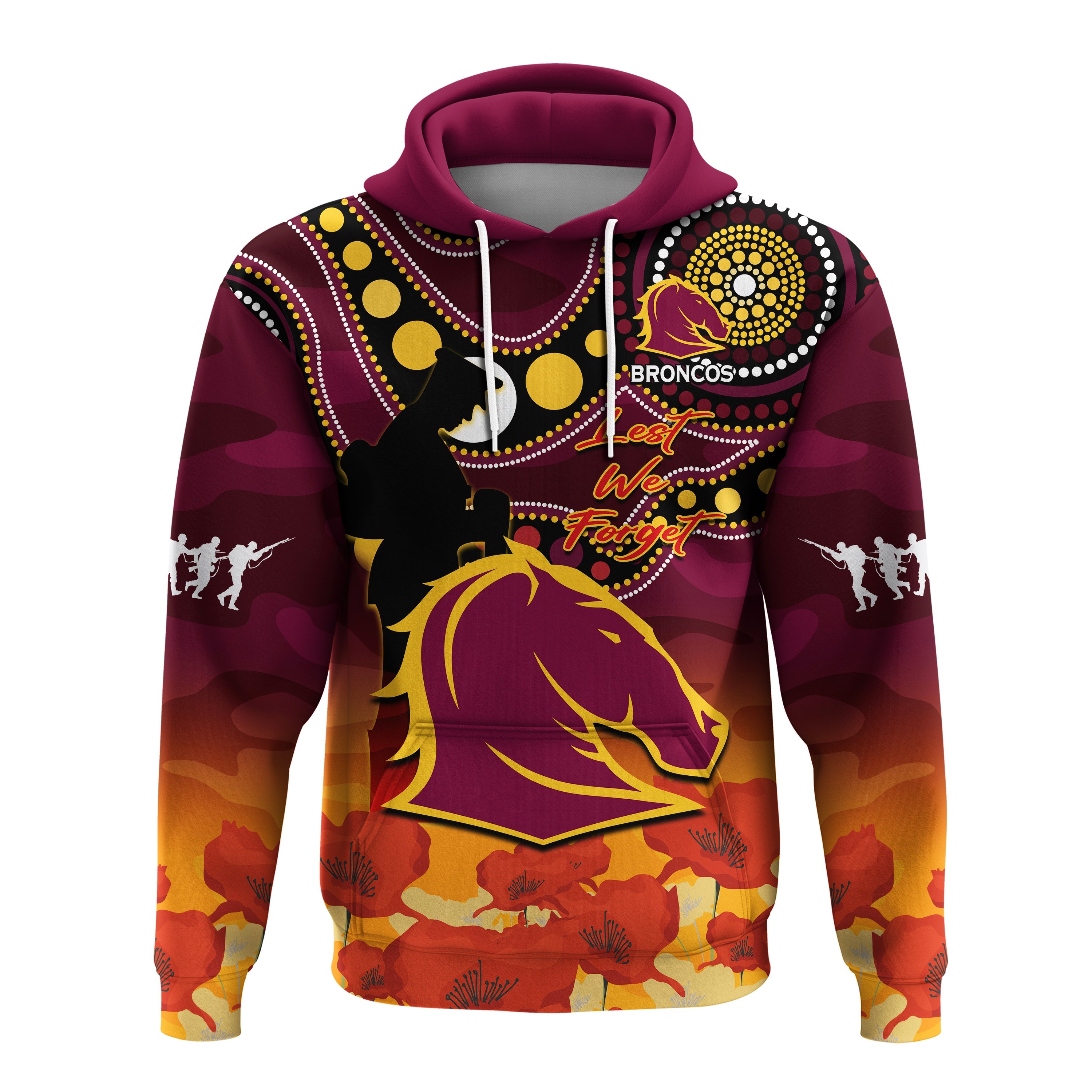 custom-text-and-number-brisbane-broncos-rugby-anzac-2023-hoodie-aboriginal-mix-poppy-lest-we-forget