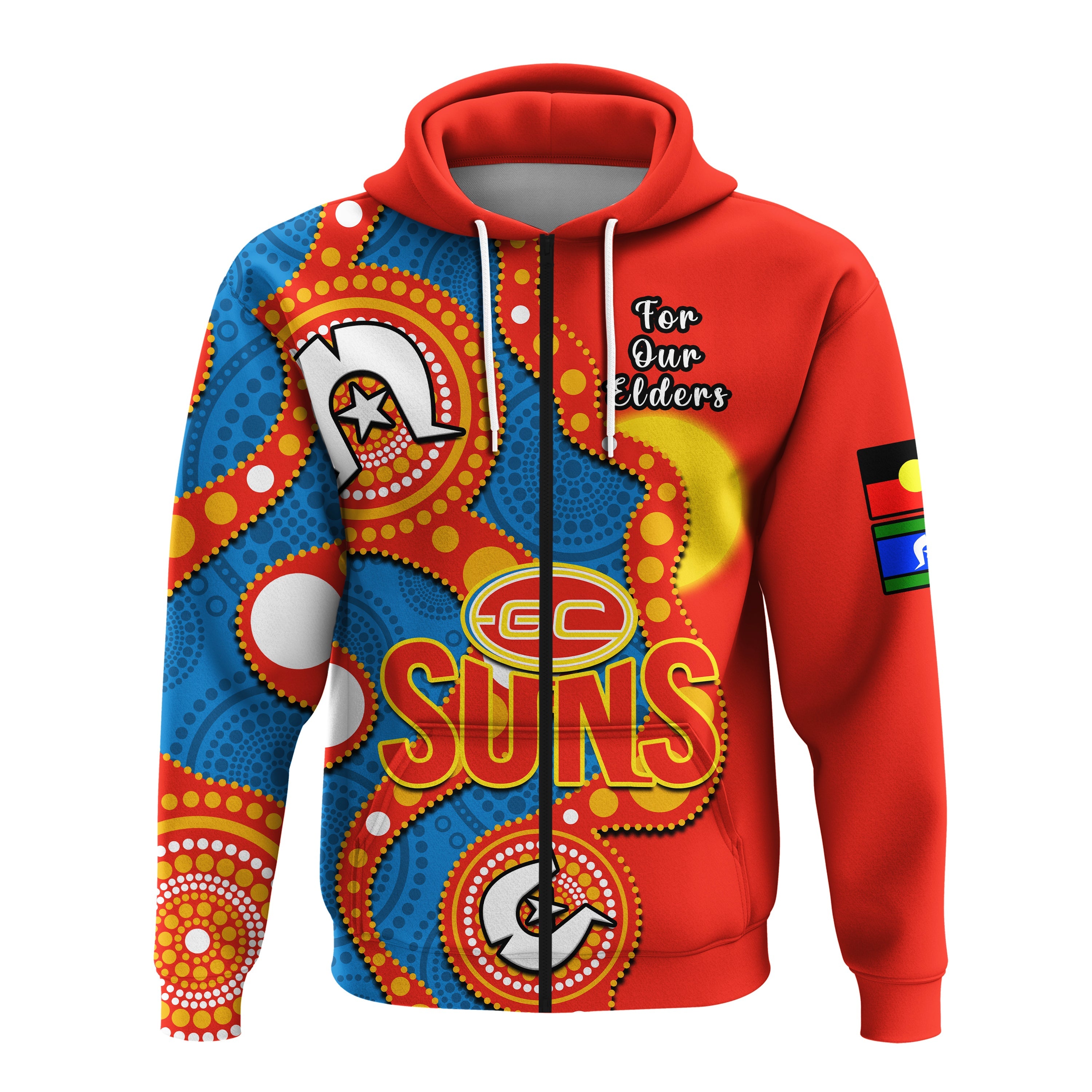 custom-text-and-number-gold-coast-football-naidoc-2023-hoodie-suns-indigenous-for-our-elders