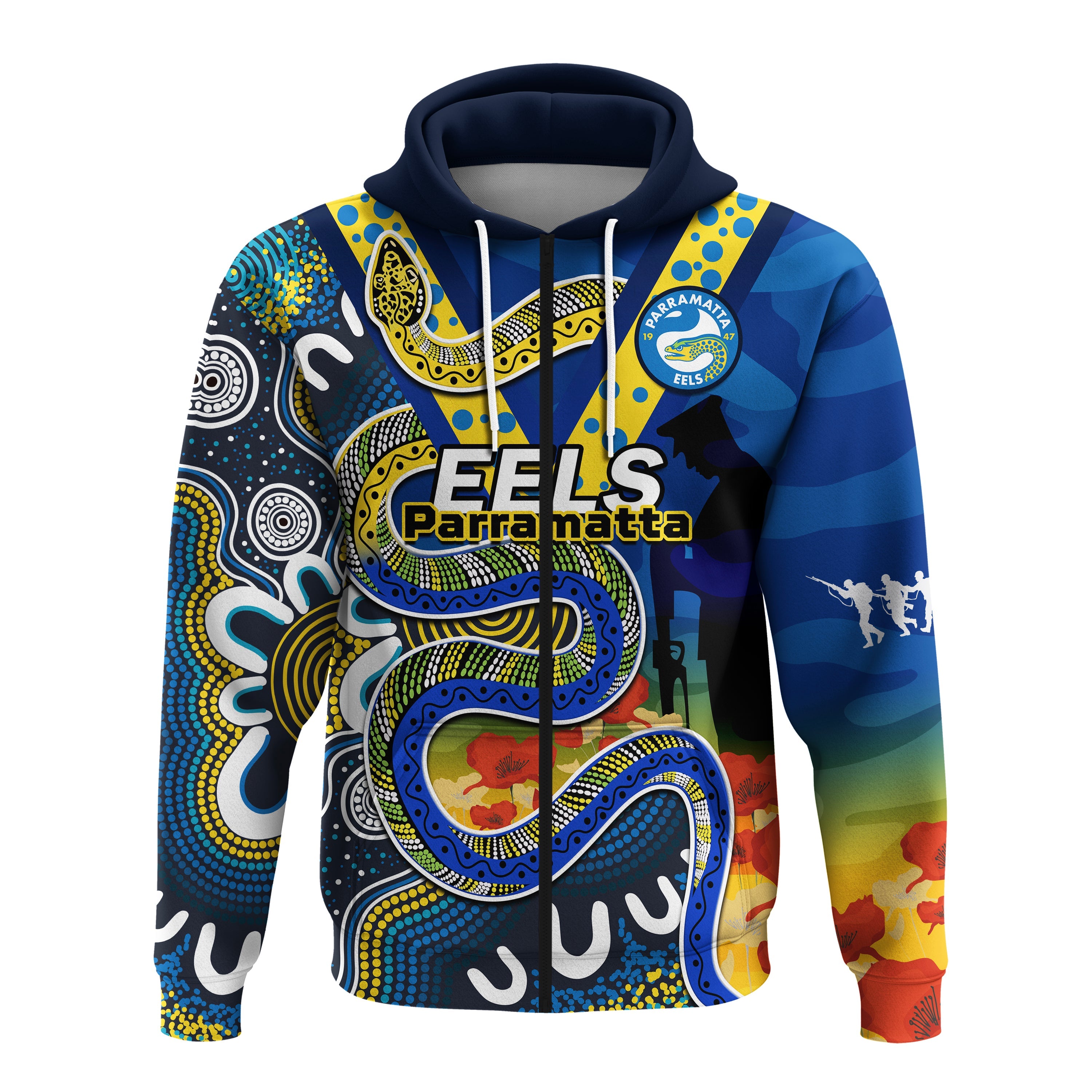 custom-text-and-number-eels-rugby-anzac-2023-hoodie-aboriginal-mix-poppy-lest-we-forget