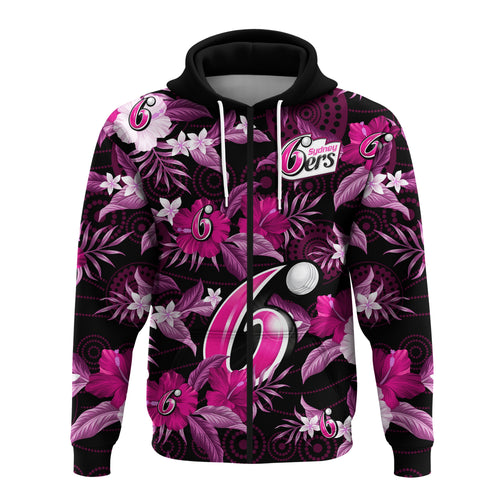 custom-text-and-number-sydney-sixers-cricket-hoodie-aboriginal-art-mix-tropical-flowers