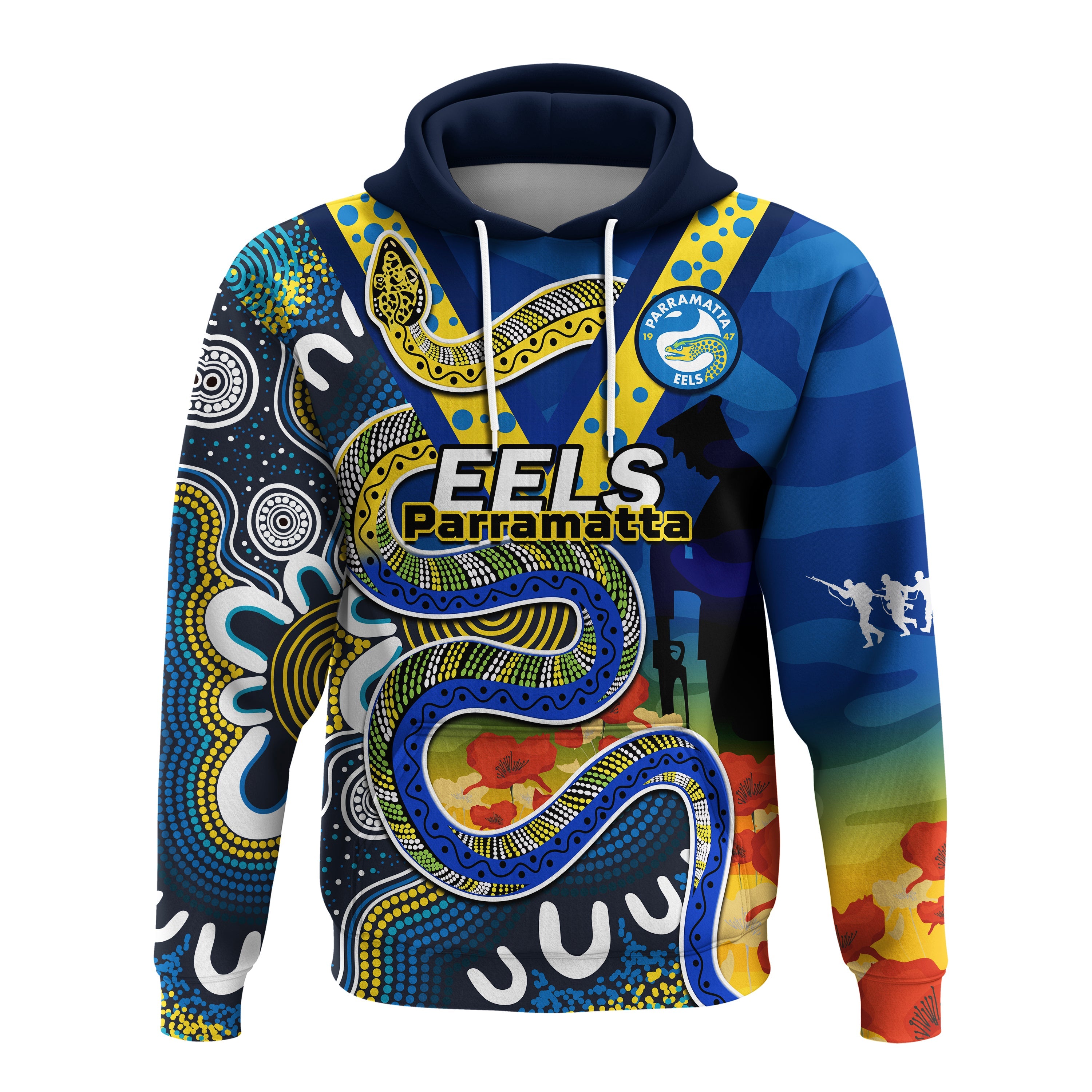 custom-text-and-number-eels-rugby-anzac-2023-hoodie-aboriginal-mix-poppy-lest-we-forget