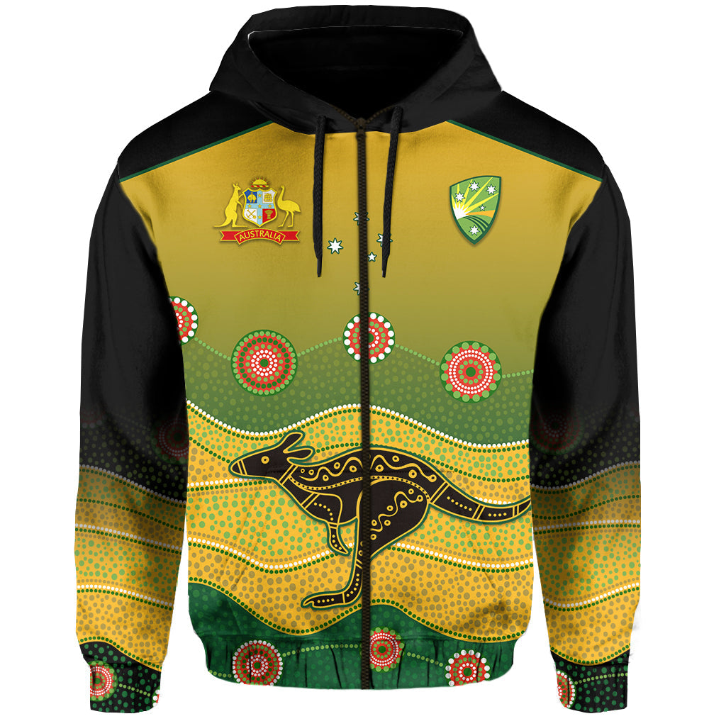 custom-personalised-cricket-australia-zip-hoodie-indigenous-kangaroo-custom-text-and-number