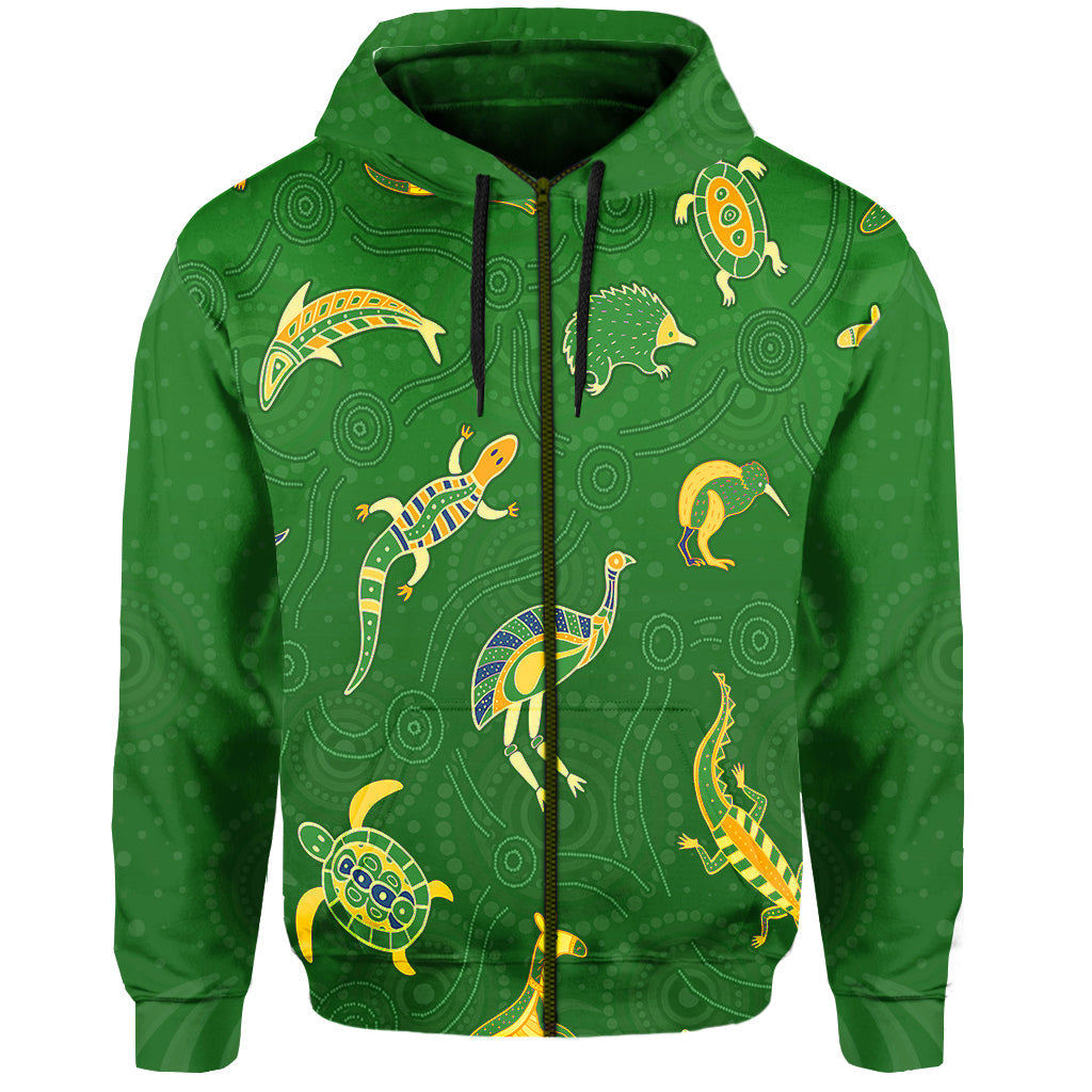 custom-personalised-aboriginal-art-zip-hoodie-animals-australia-version-green