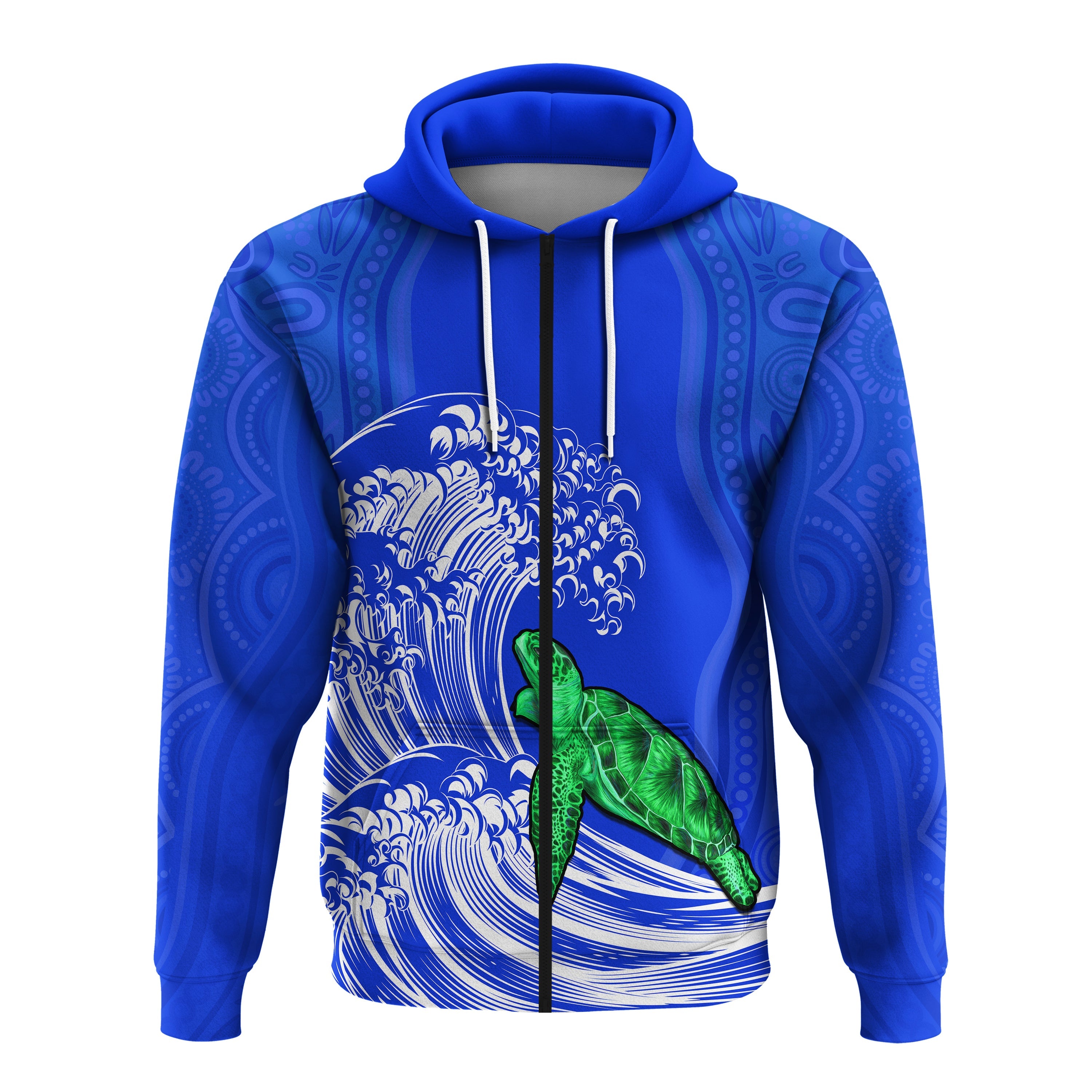 custom-personalised-torres-strait-islands-zip-hoodie-the-dhari-mix-aboriginal-turtle-version-blue