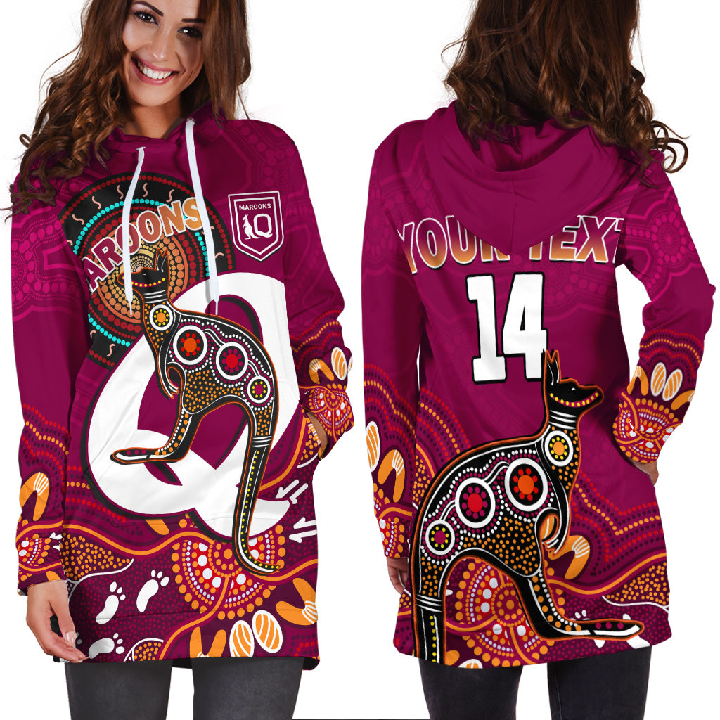 custom-text-and-number-maroons-rugby-hoodie-dress-queensland-kangaroo-aboriginal-dot-paintings