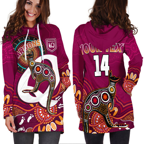 custom-text-and-number-maroons-rugby-hoodie-dress-queensland-kangaroo-aboriginal-dot-paintings