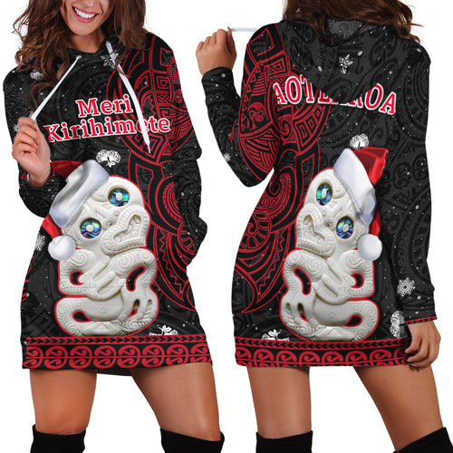 new-zealand-christmas-hoodie-dress-hei-tiki-red-pohutukawa-meri-kirihimete