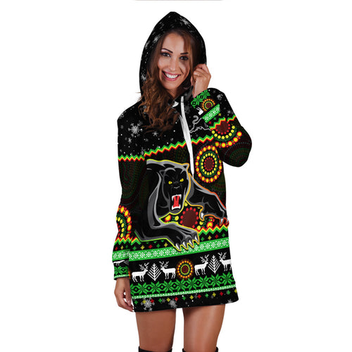 custom-personalised-panthers-christmas-hoodie-dress-aboriginal-pattern-penrith-black-version