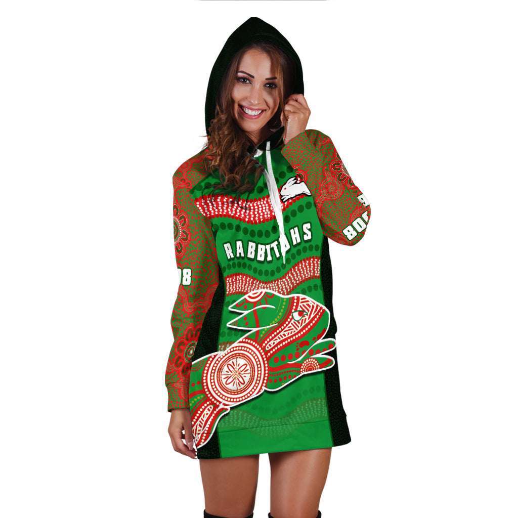 custom-personalised-rabbitohs-rugby-hoodie-dress-souths-1908-aboriginal-dot-painting-go-bunnies