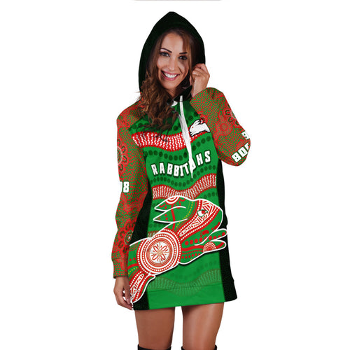 custom-personalised-rabbitohs-rugby-hoodie-dress-souths-1908-aboriginal-dot-painting-go-bunnies