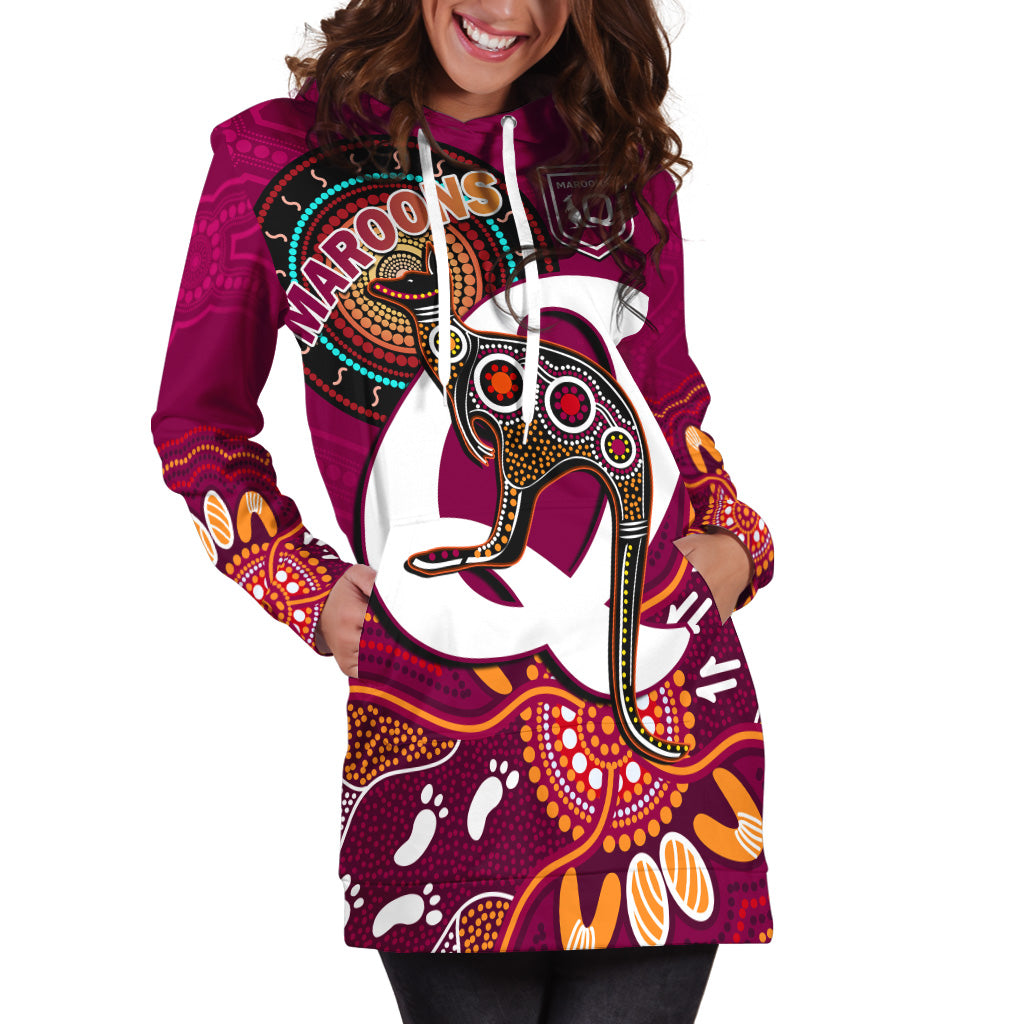 custom-text-and-number-maroons-rugby-hoodie-dress-queensland-kangaroo-aboriginal-dot-paintings