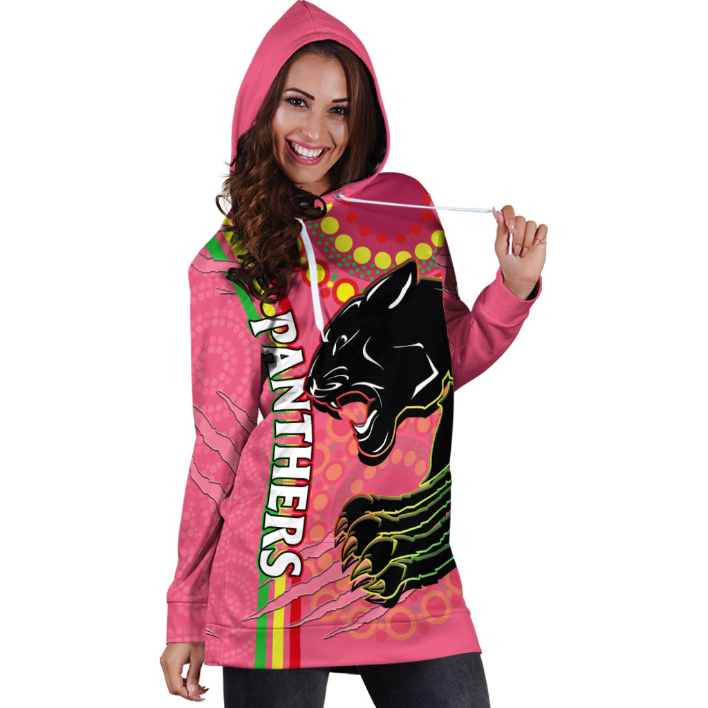 custom-text-and-number-panthers-rugby-hoodie-dress-the-mountain-men-aboriginal-art-dynamic-pink-version