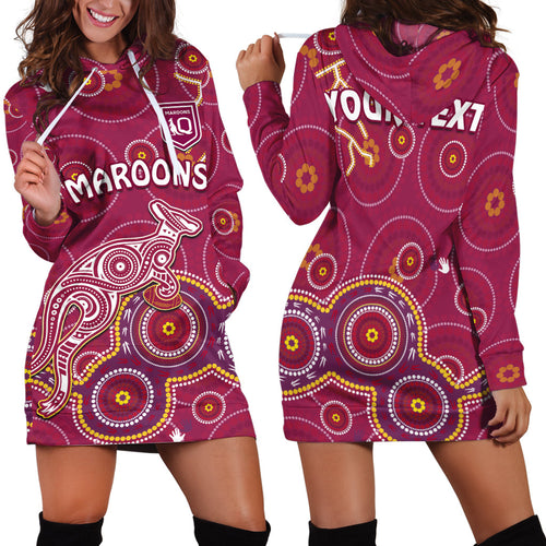custom-personalised-maroons-rugby-hoodie-dress-kangaroo-indigenous-pattern-unique-version