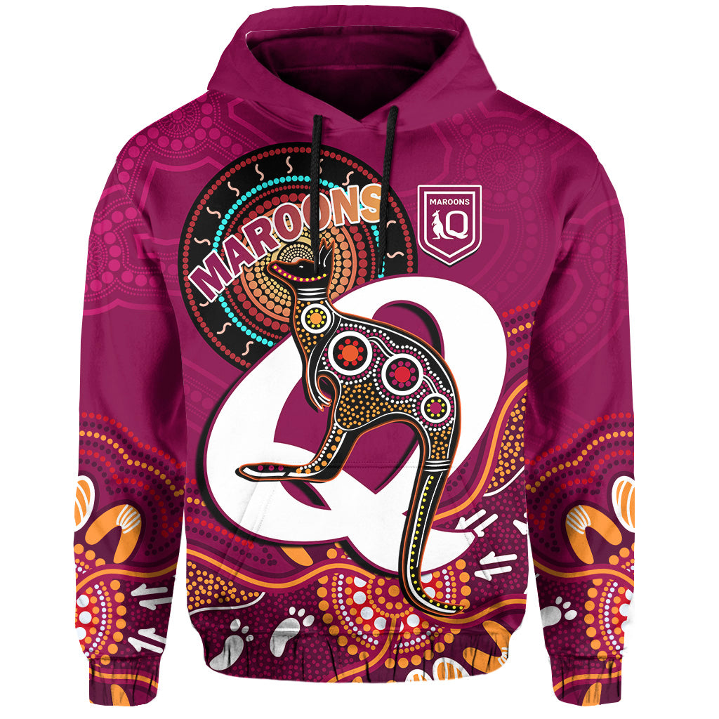custom-text-and-number-maroons-rugby-hoodie-queensland-kangaroo-aboriginal-dot-paintings