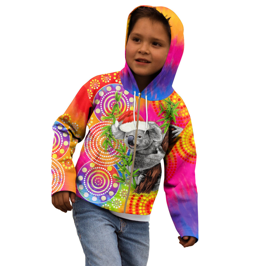 custom-personalised-australia-koala-aboriginal-hoodie-kid-rainbow-tie-dye-merry-christmas