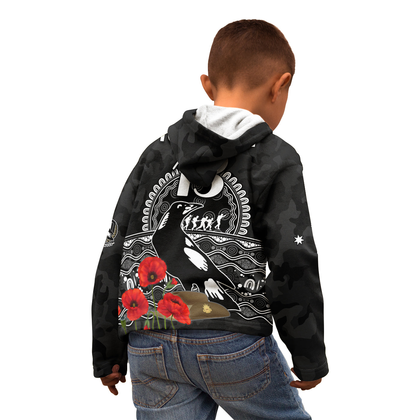 custom-text-and-number-magpies-football-anzac-day-hoodie-kid-speical-poppy-mix-aboriginal