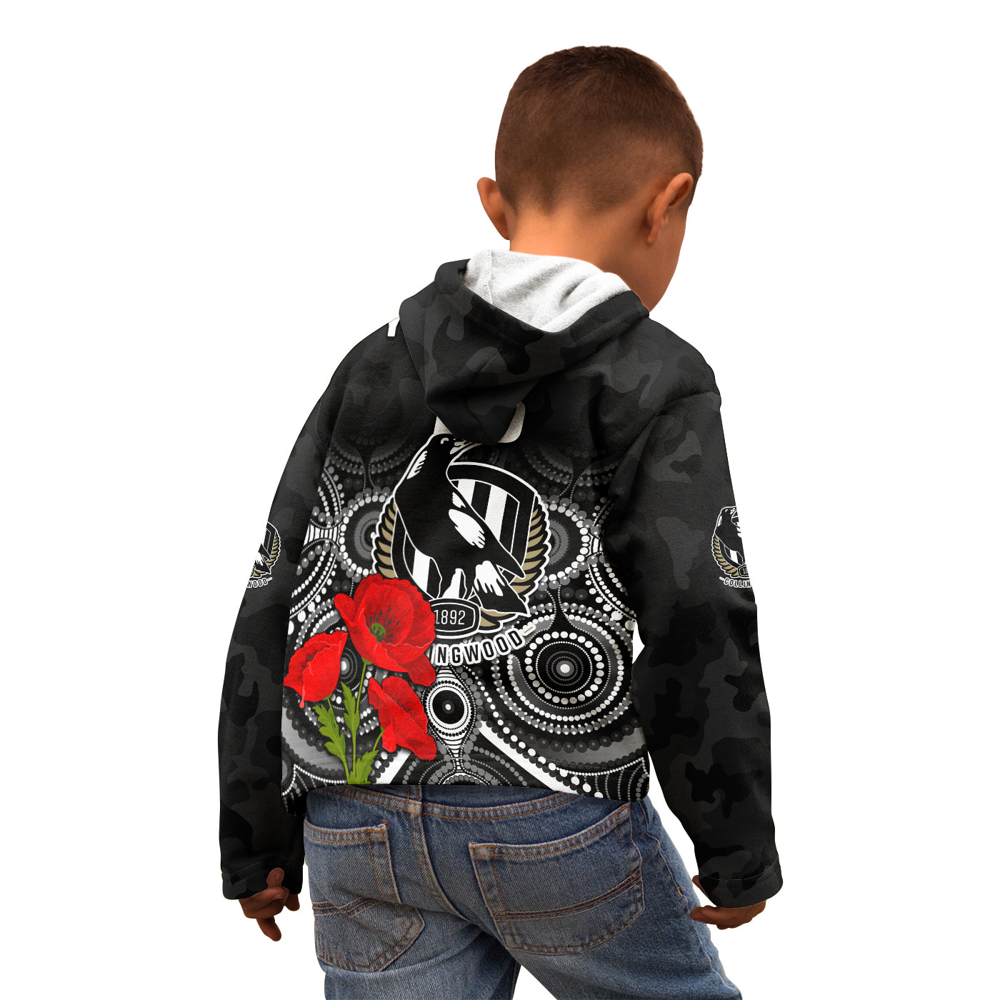 custom-text-and-number-magpies-football-anzac-day-hoodie-kid-aboriginal-poppy-flowers