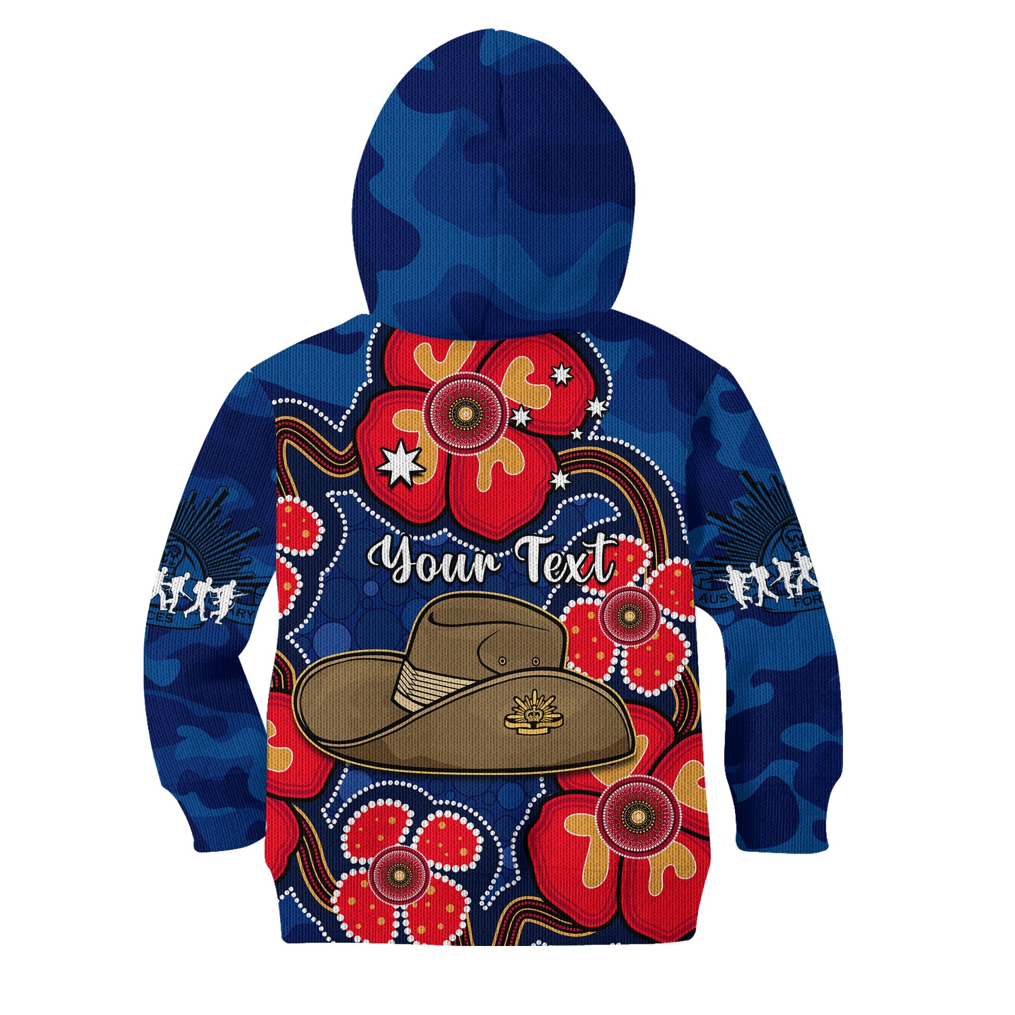 custom-personalised-australia-anzac-hoodie-kid-lest-we-forget-camouflage-mix-aboriginal-poppies-and-slouch-hat