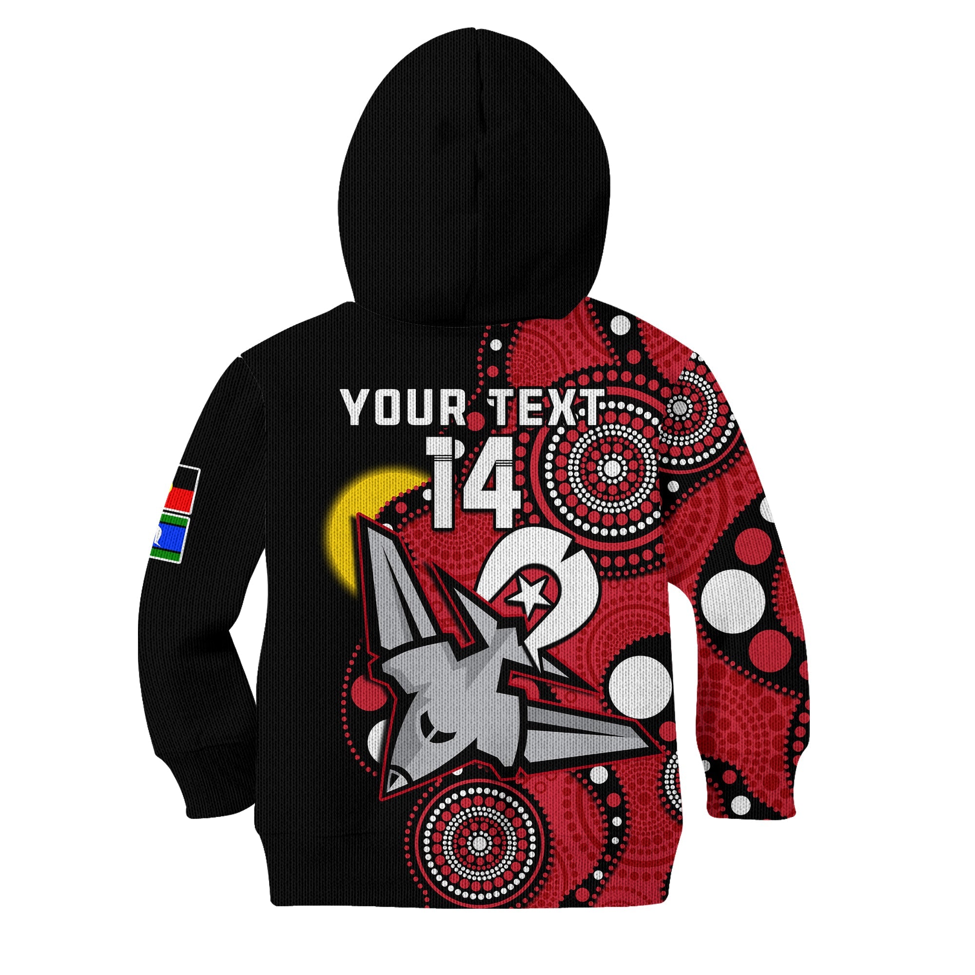 custom-text-and-number-essendon-football-naidoc-2023-hoodie-kid-bombers-for-our-elders-indigenous-art