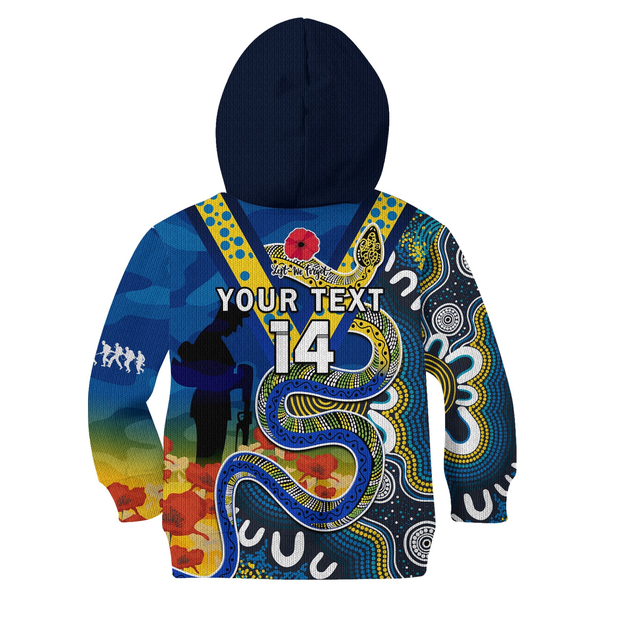 custom-text-and-number-eels-rugby-anzac-2023-hoodie-kid-aboriginal-mix-poppy-lest-we-forget