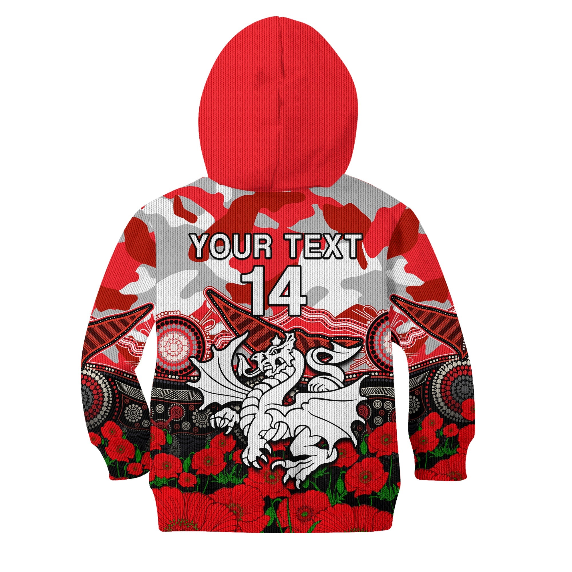 custom-text-and-number-dragons-rugby-anzac-2023-hoodie-kid-aboriginal-mix-poppy-lest-we-forget