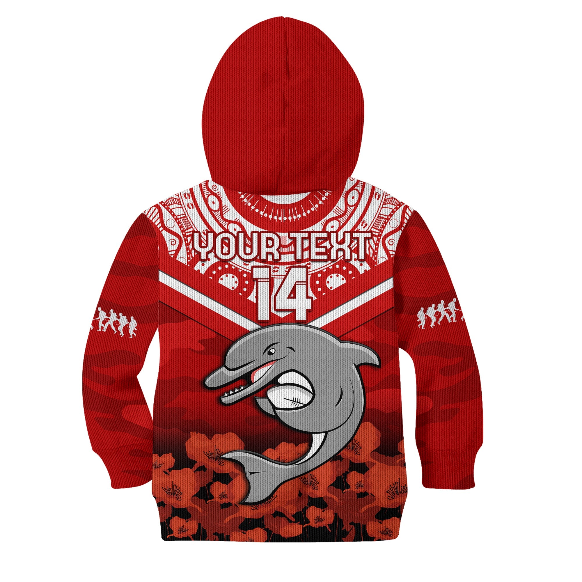 custom-text-and-number-dolphins-rugby-anzac-2023-hoodie-kid-dots-poppy-mix-camouflage-lest-we-forget