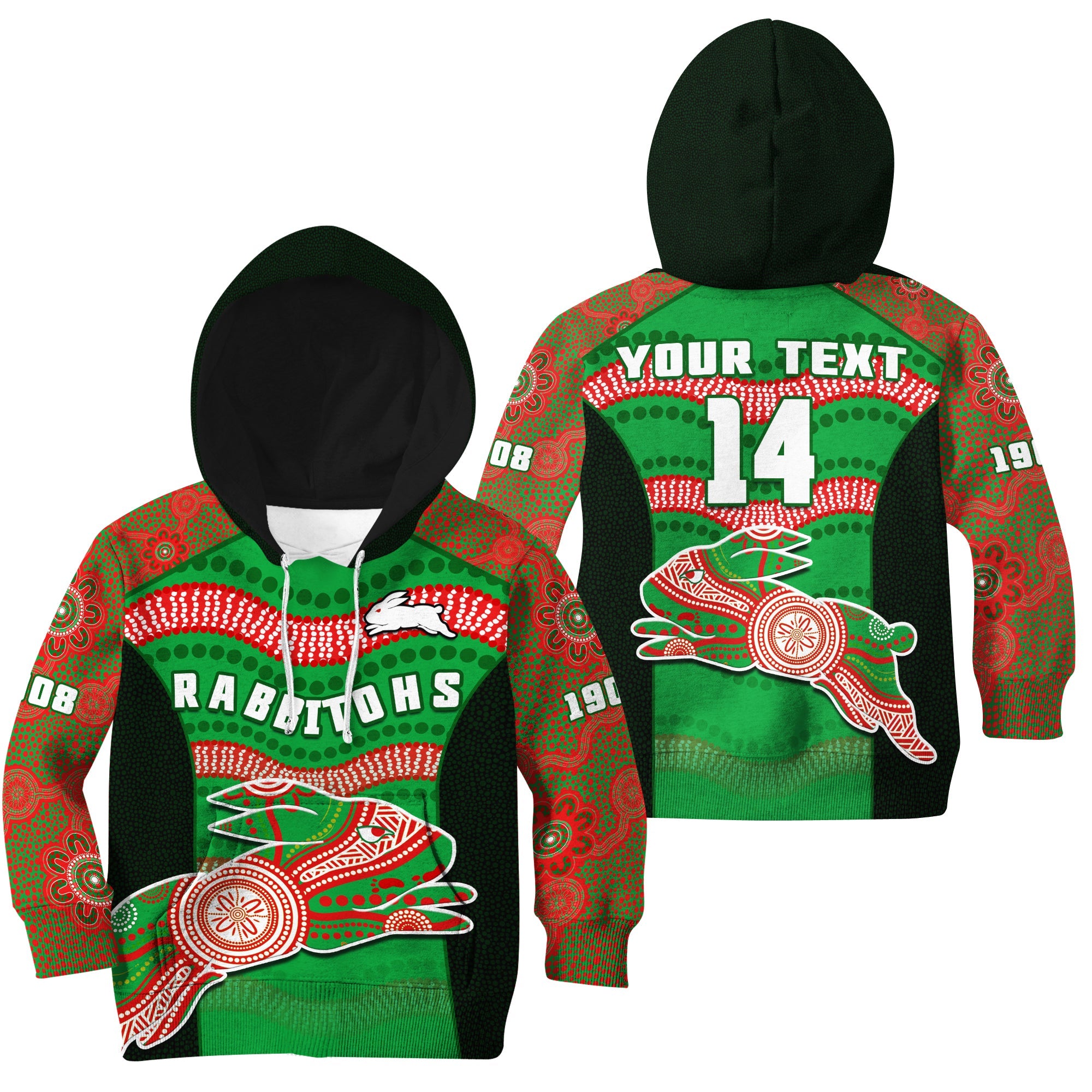 custom-text-and-number-rabbitohs-rugby-hoodie-kid-souths-1908-aboriginal-dot-painting-go-bunnies