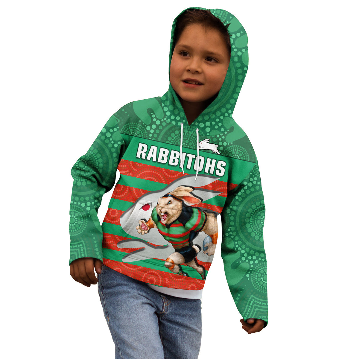 rabbitohs-rugby-hoodie-kid-aboriginal-dot-painting-glory-glory-sporty-style