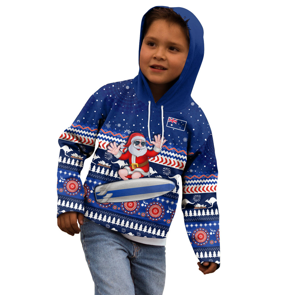 custom-text-and-number-australia-christmas-hoodie-kid-aussie-aboriginal-santa-claus-is-surfing-with-kangaroo