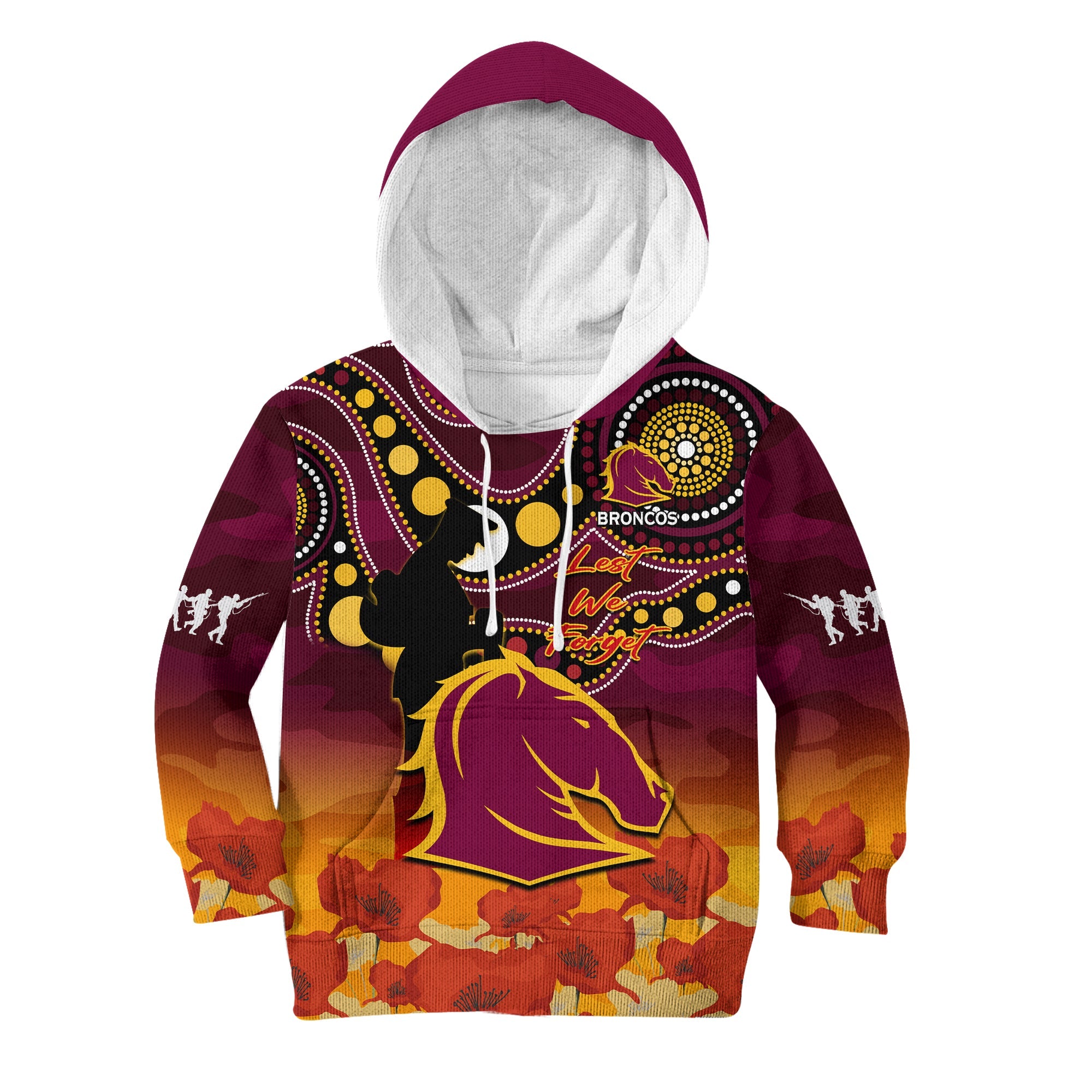 brisbane-broncos-rugby-anzac-2023-hoodie-kid-aboriginal-mix-poppy-lest-we-forget