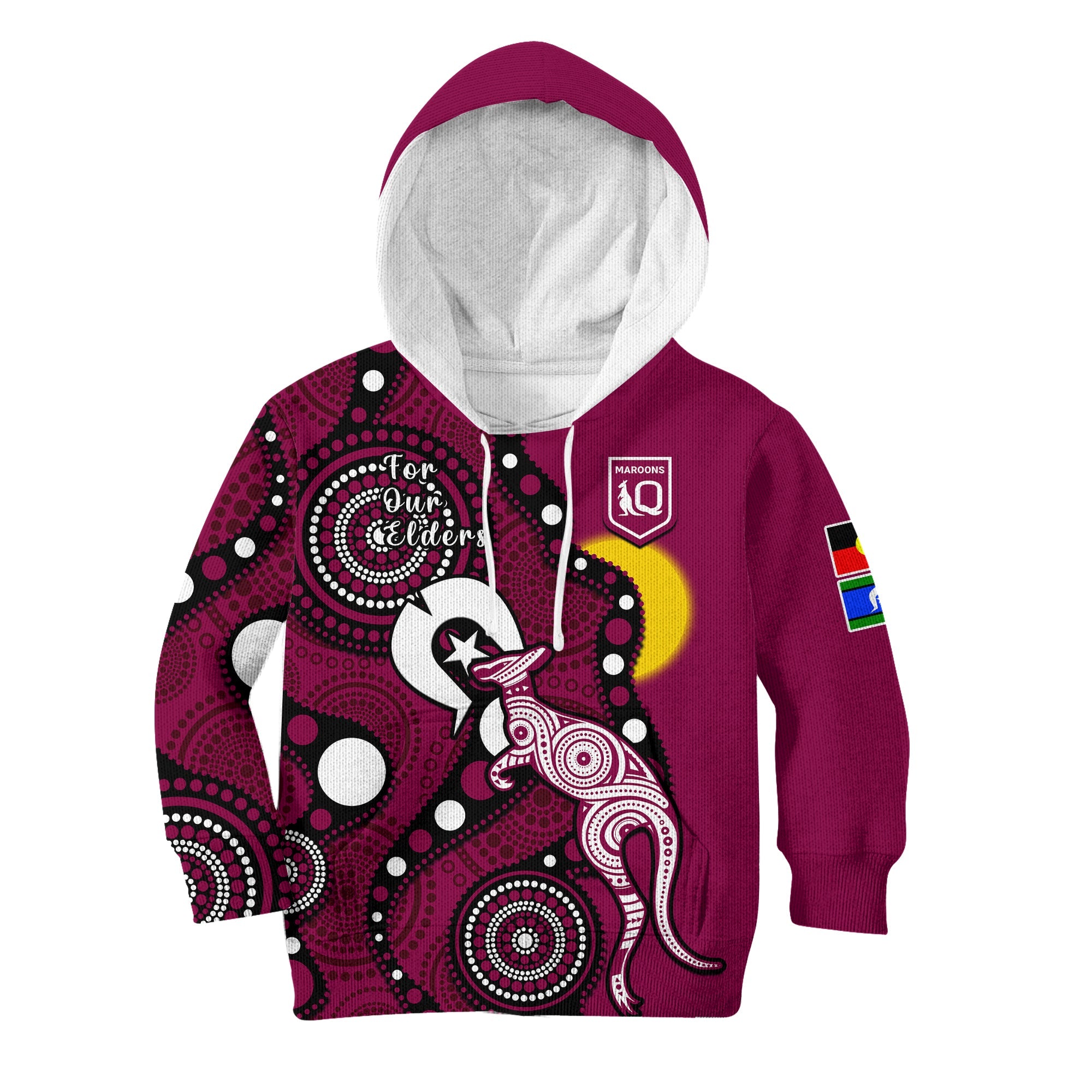 custom-text-and-number-maroons-rugby-naidoc-2023-hoodie-kid-qld-for-our-elders-indigenous-art